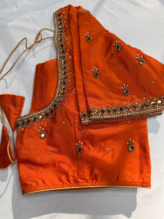 Orange Silk Maggam Aari Work Blouse