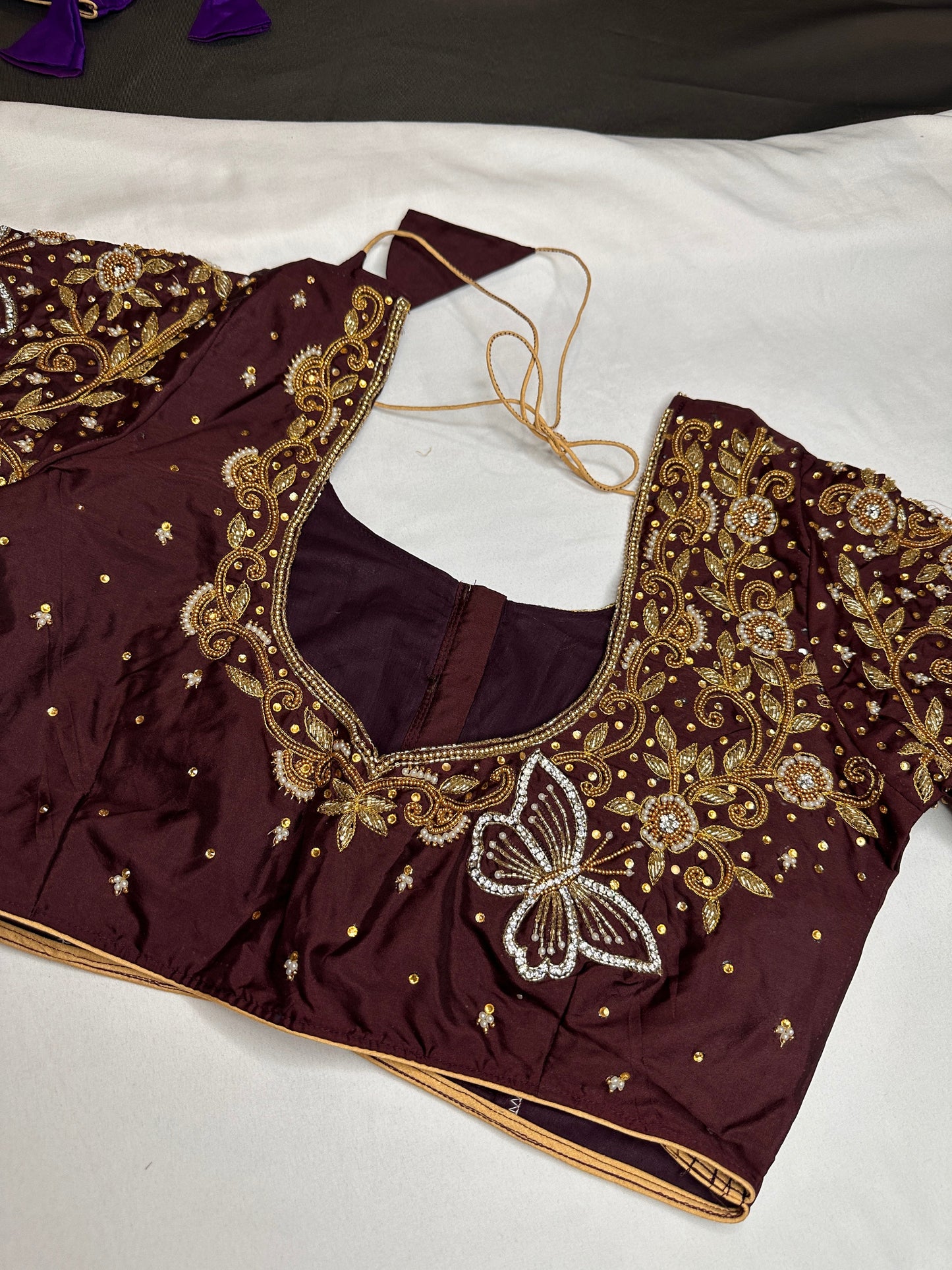 Brown Butterfly Silk Maggam Aari Work Blouse