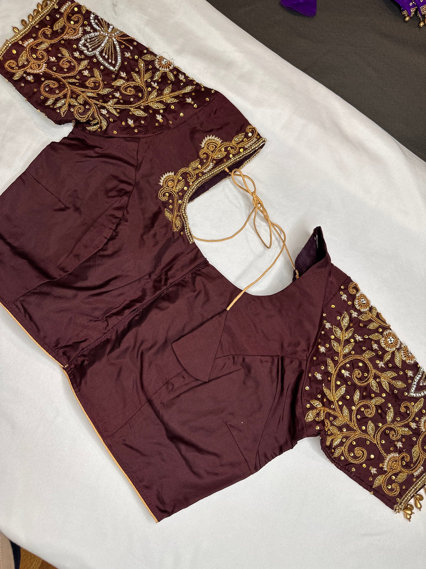 Brown Butterfly Silk Maggam Aari Work Blouse