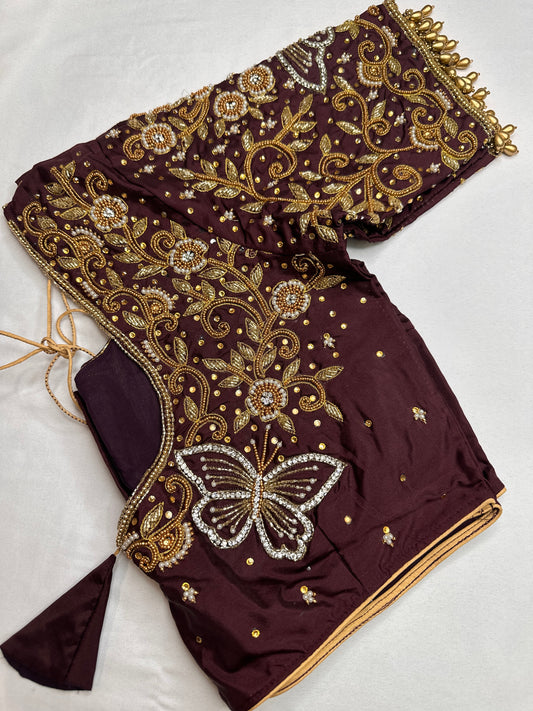 Brown Butterfly Silk Maggam Aari Work Blouse