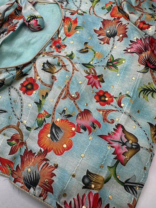 Blue Multi Kalmakari Printed Silk Blouse