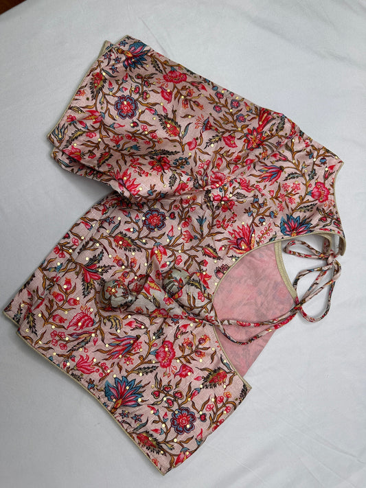 Pink Floral Multi Kalmakari Printed Silk Blouse