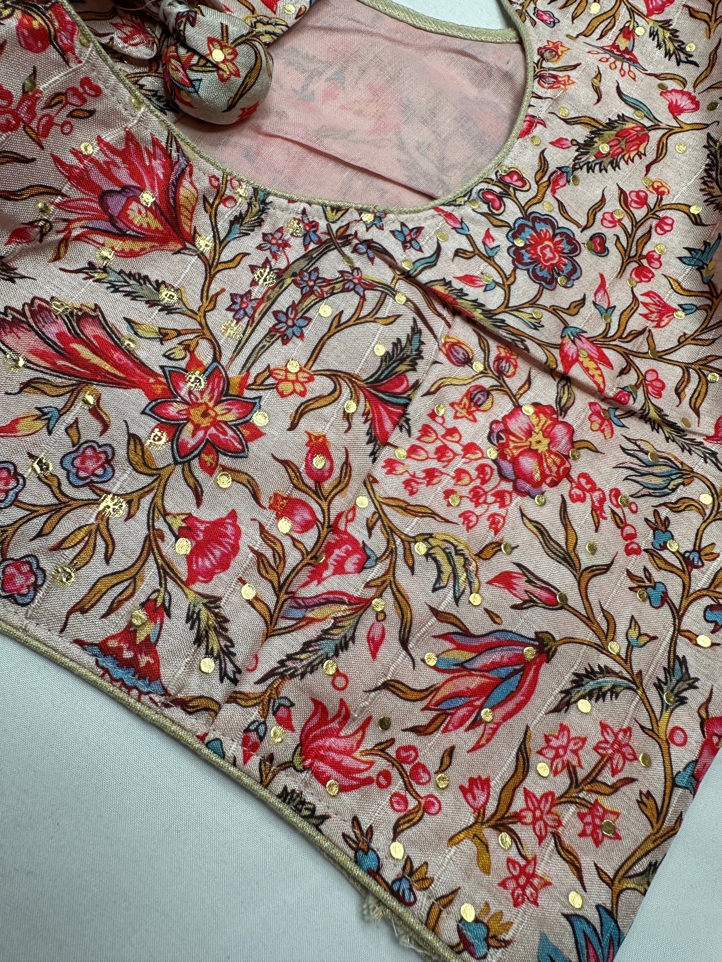 Pink Floral Multi Kalmakari Printed Silk Blouse