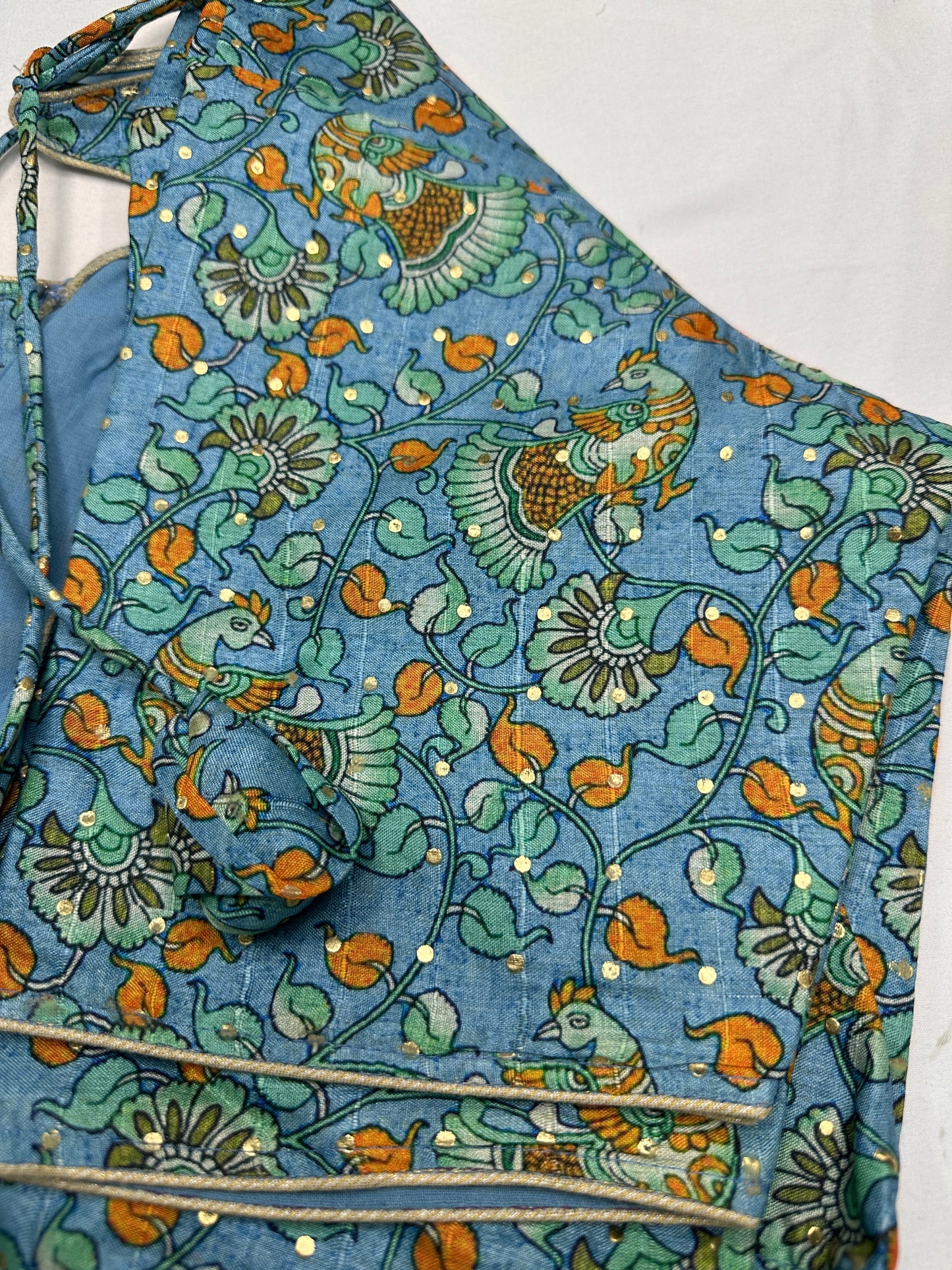 Blue Floral Multi Kalmakari Printed Silk Blouse