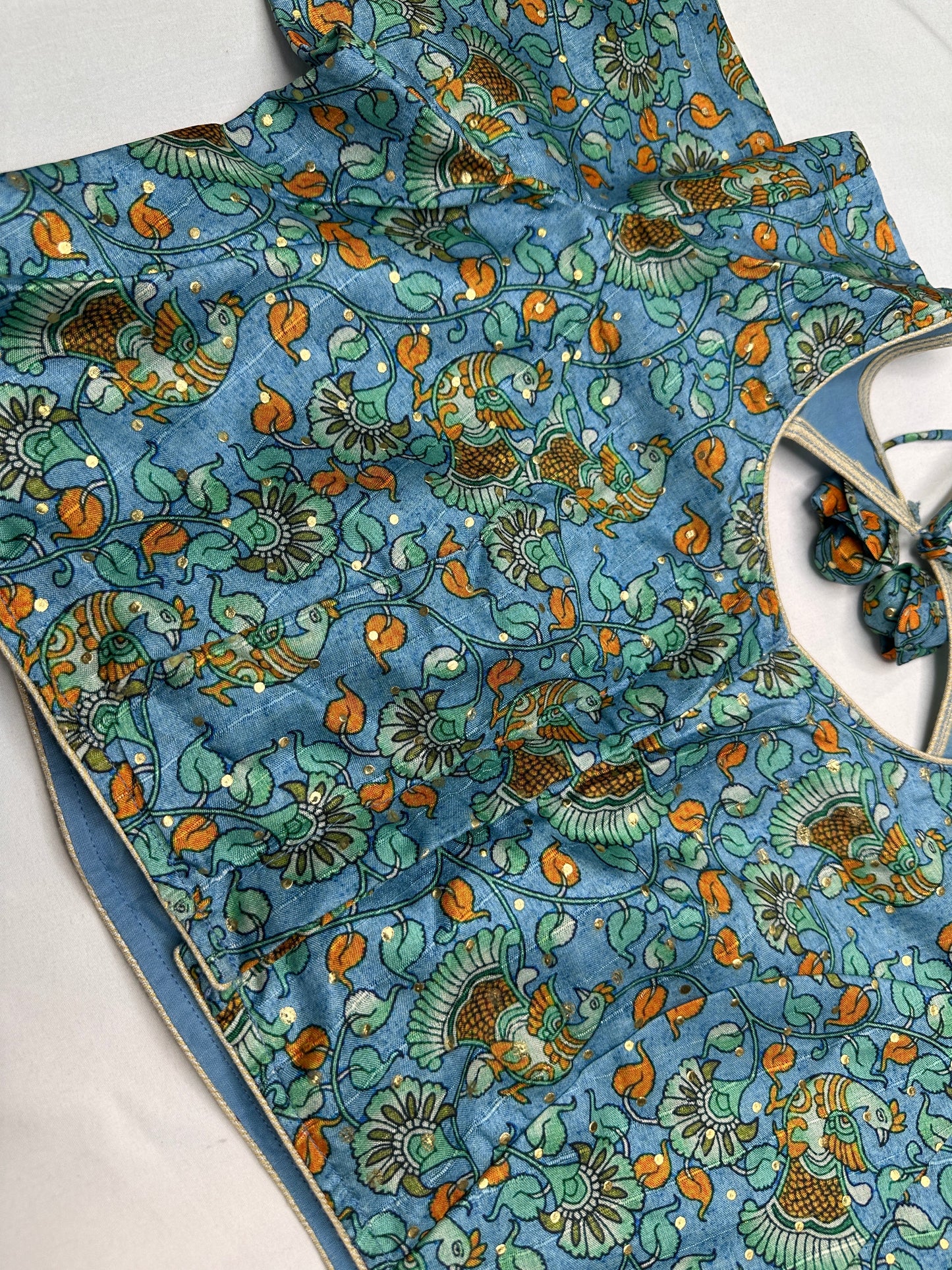 Blue Floral Multi Kalmakari Printed Silk Blouse