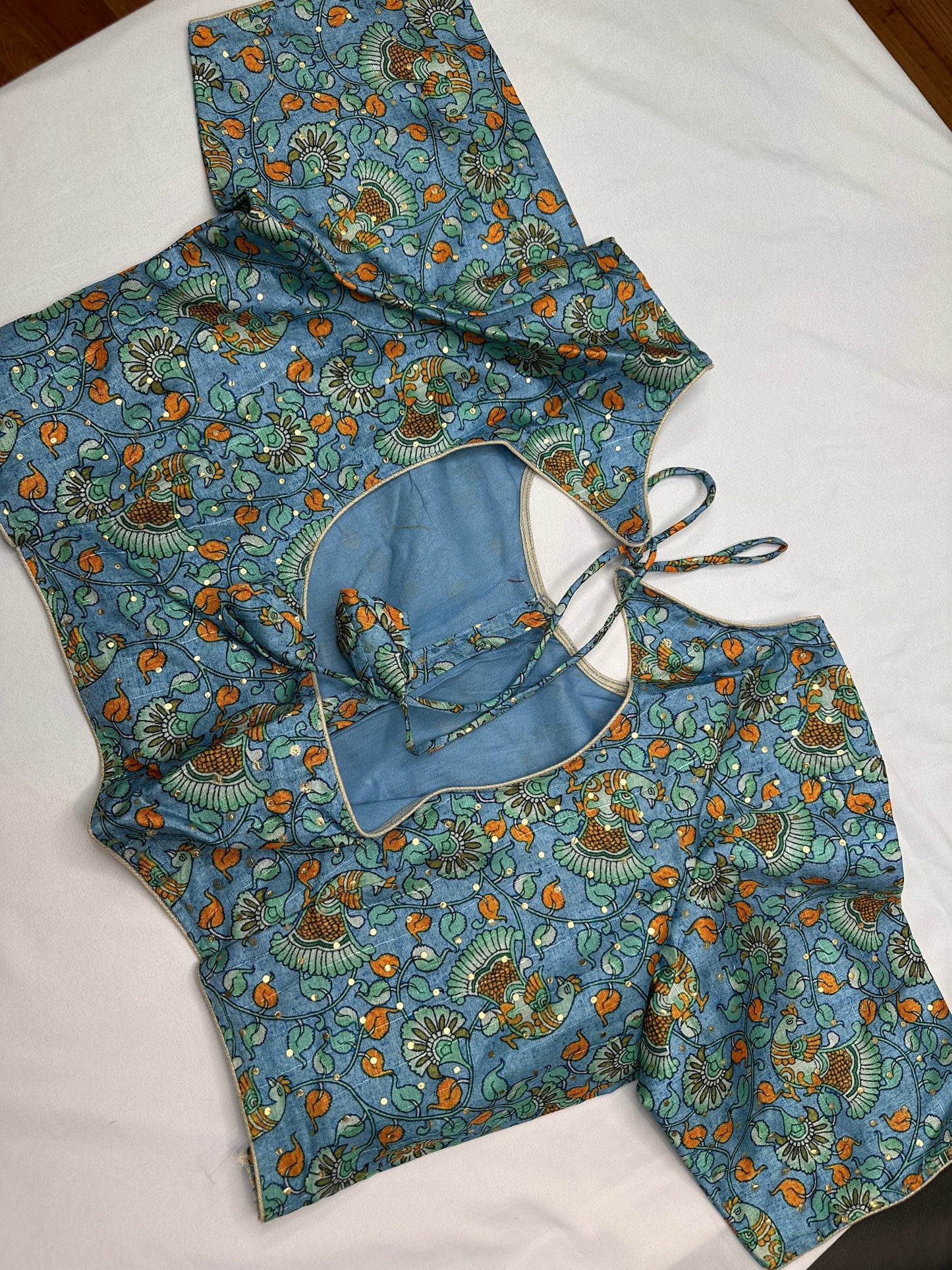 Blue Floral Multi Kalmakari Printed Silk Blouse