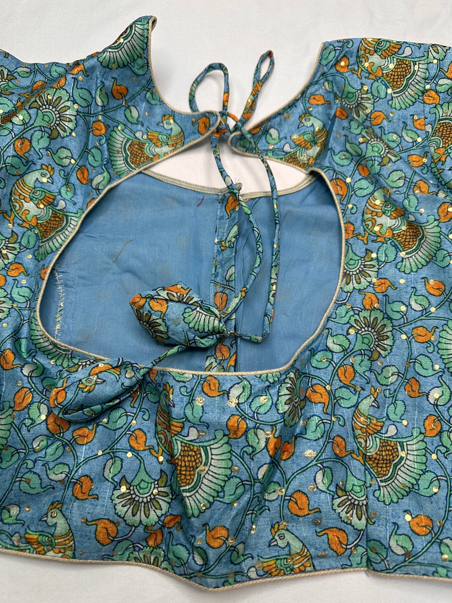 Blue Floral Multi Kalmakari Printed Silk Blouse