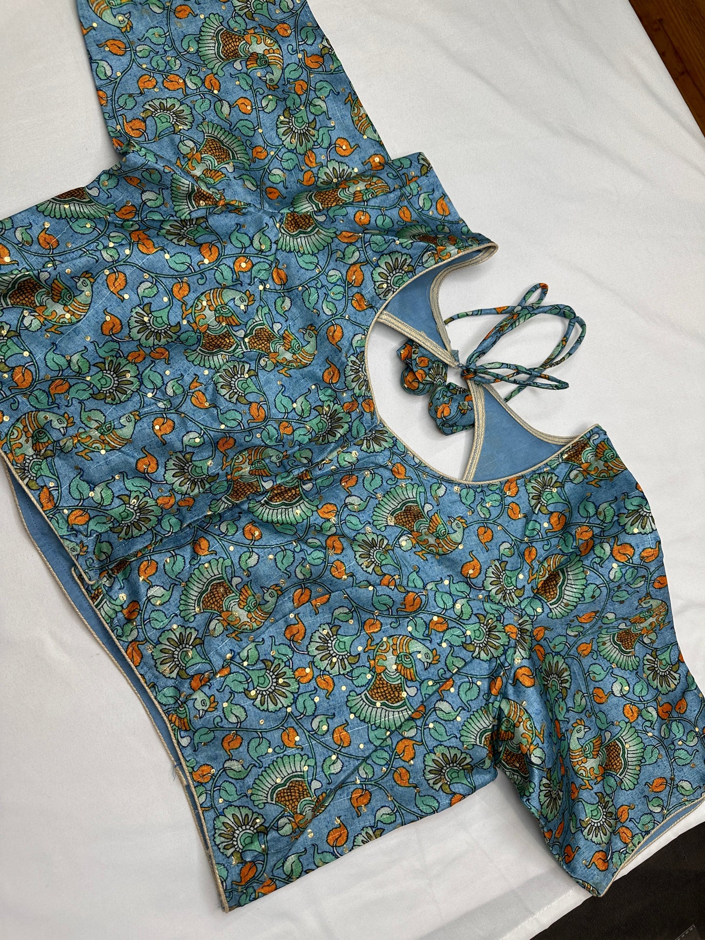 Blue Floral Multi Kalmakari Printed Silk Blouse