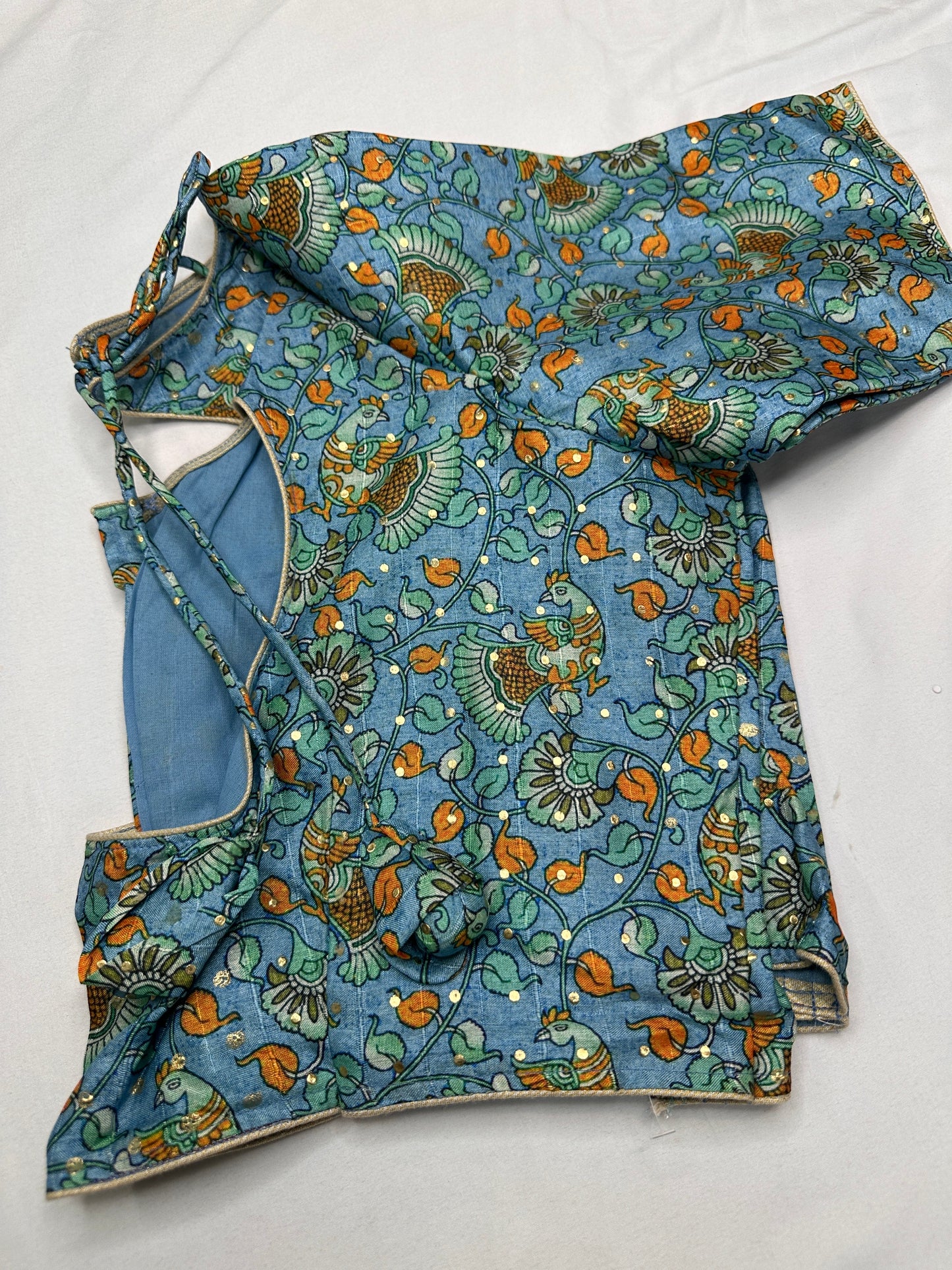 Blue Floral Multi Kalmakari Printed Silk Blouse