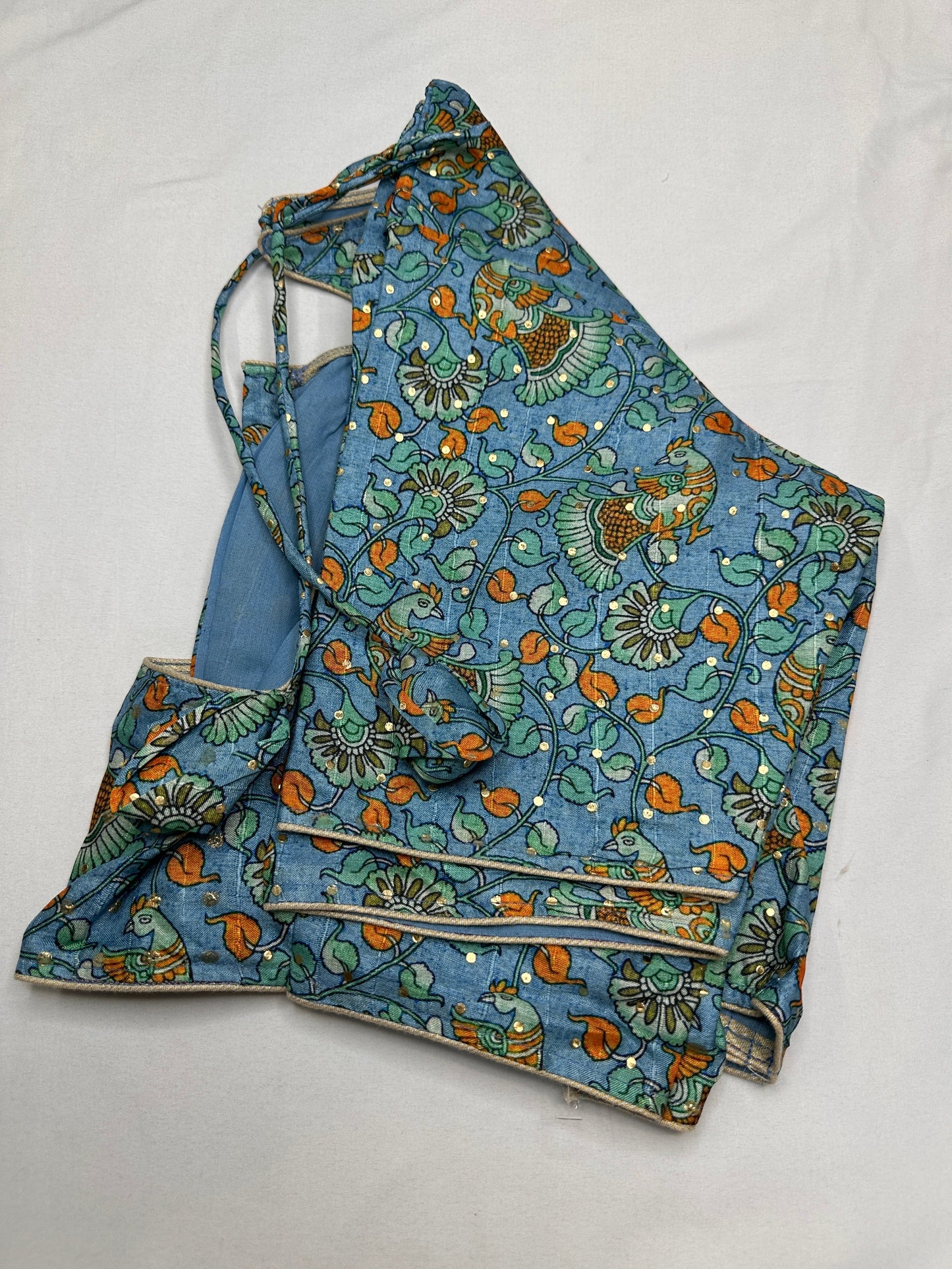 Blue Floral Multi Kalmakari Printed Silk Blouse