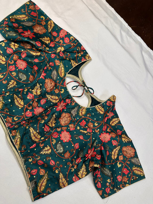 Green Kalmakari Printed Silk Blouse