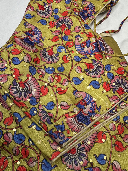 Green Floral Multi Kalmakari Printed Silk Blouse