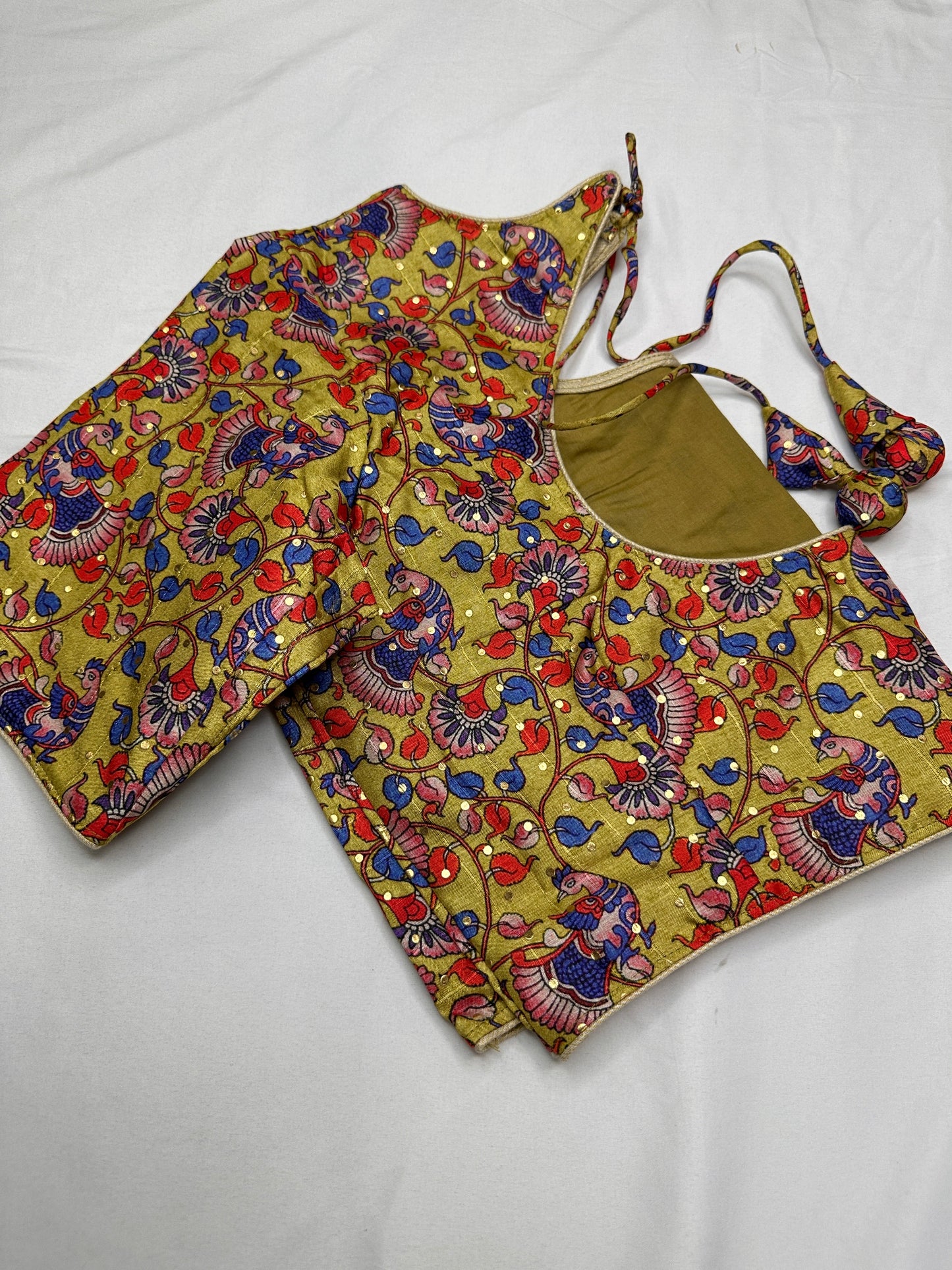 Green Floral Multi Kalmakari Printed Silk Blouse