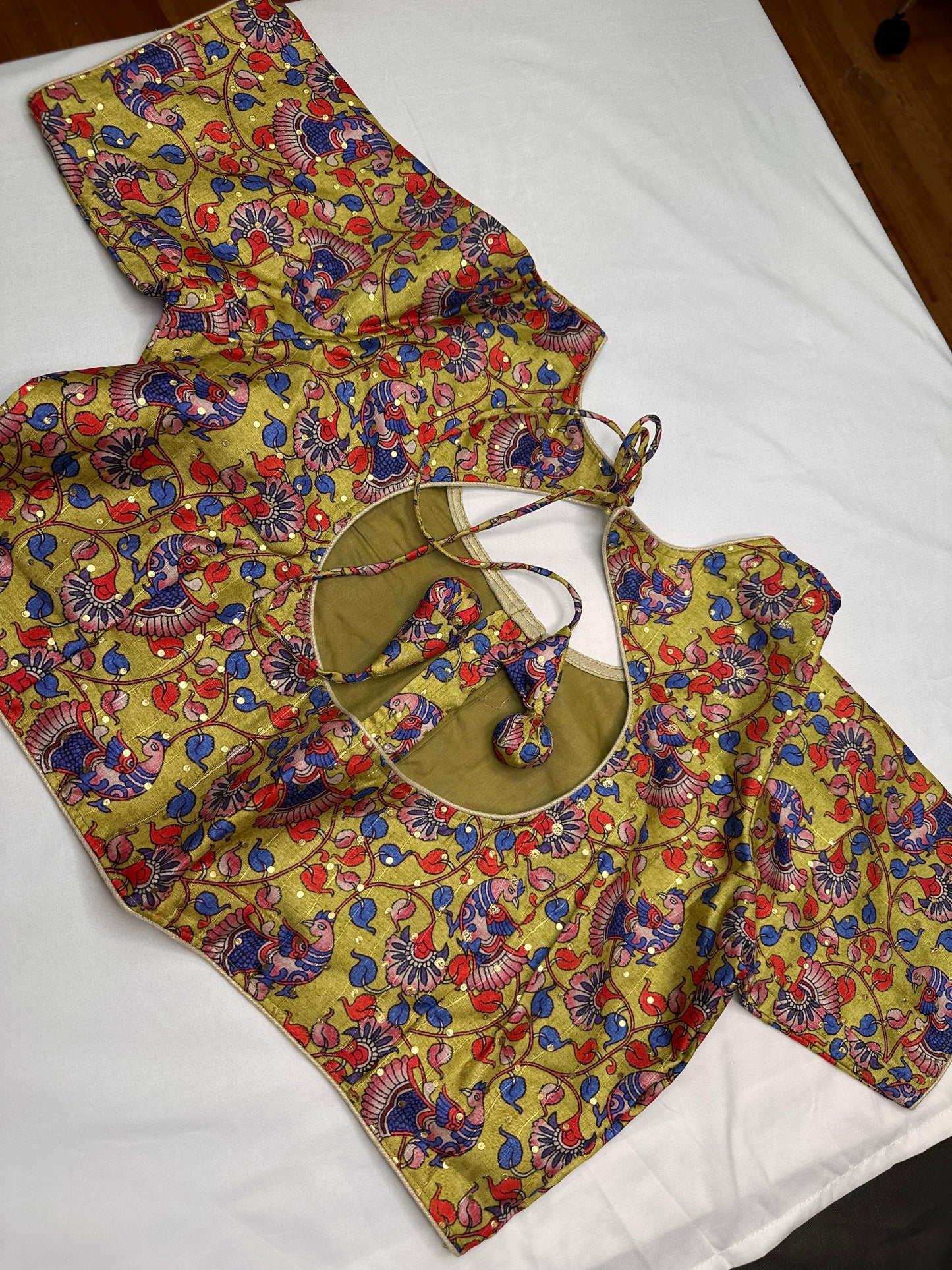 Green Floral Multi Kalmakari Printed Silk Blouse