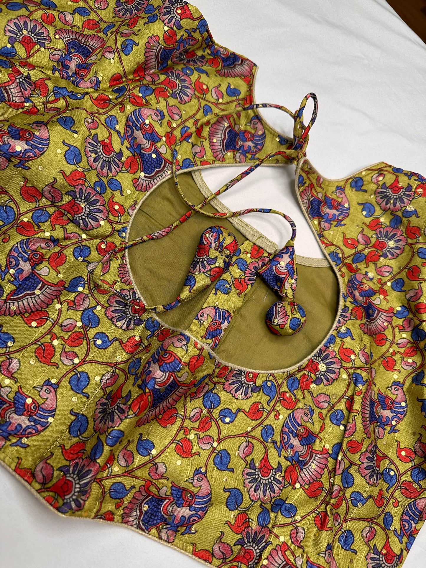 Green Floral Multi Kalmakari Printed Silk Blouse