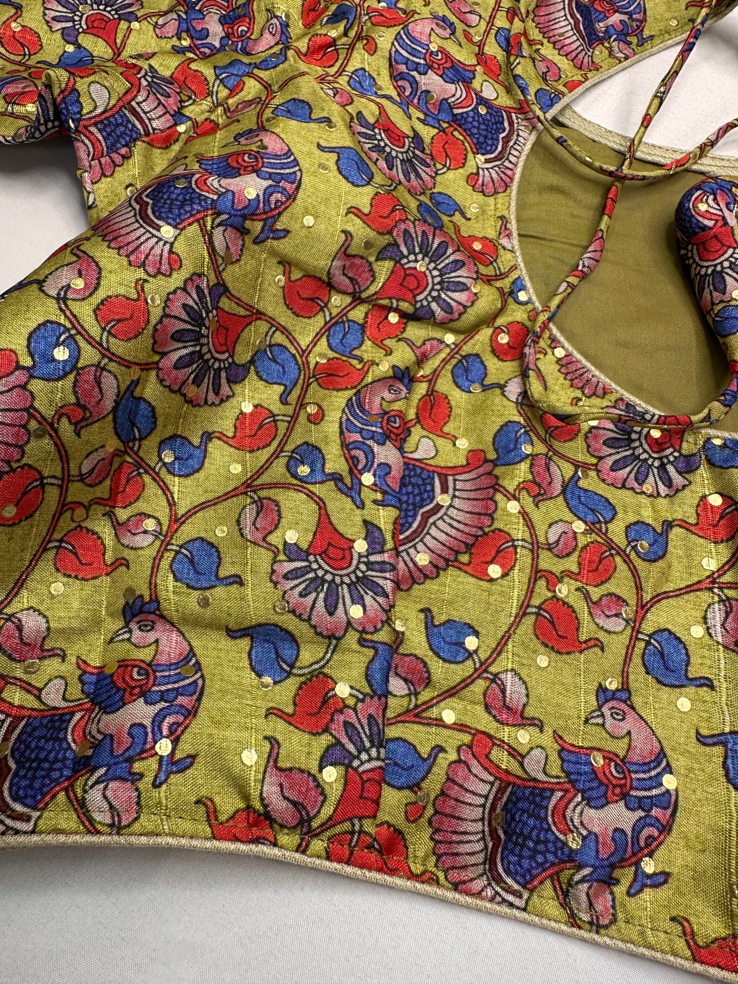 Green Floral Multi Kalmakari Printed Silk Blouse