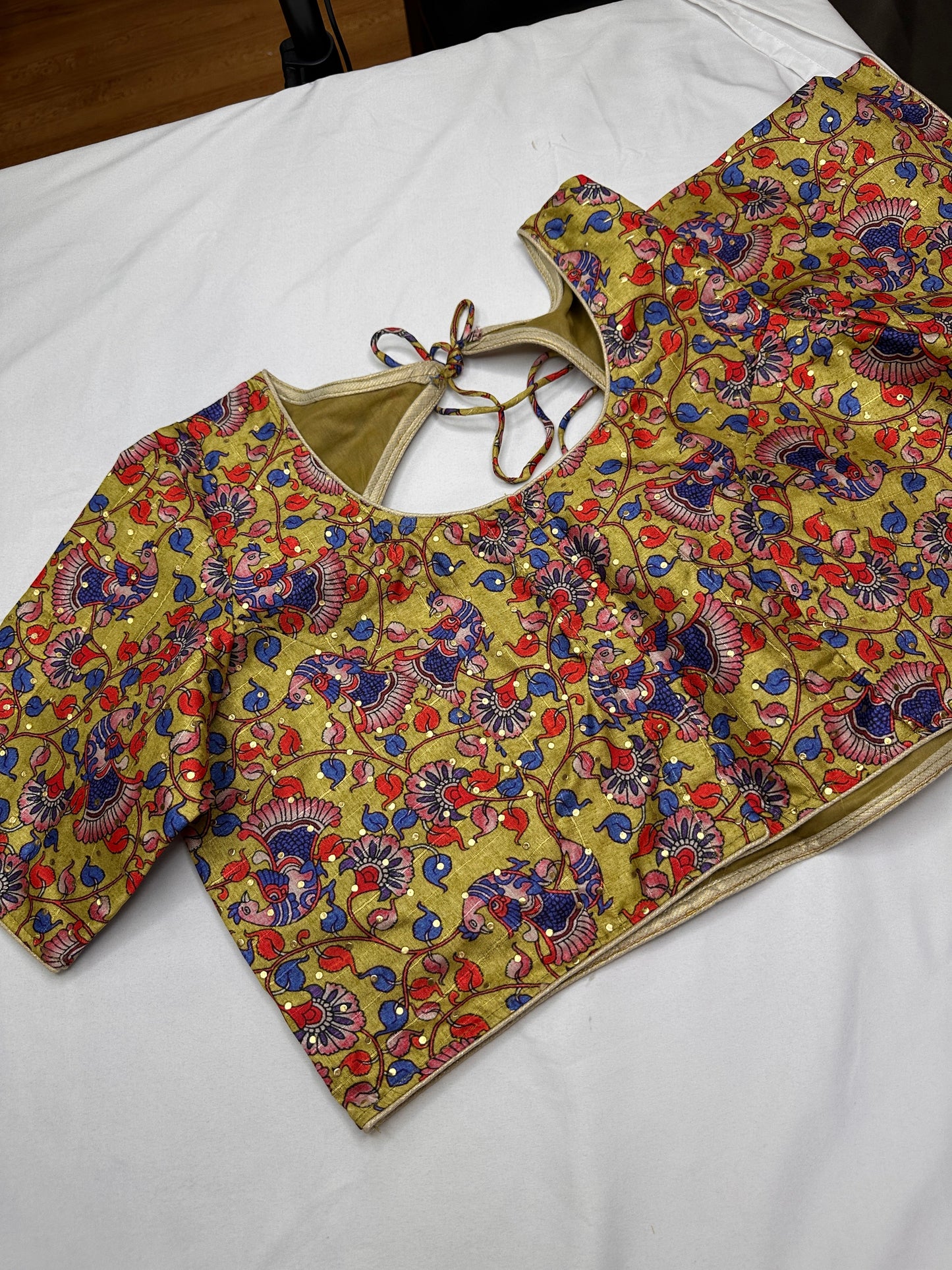 Green Floral Multi Kalmakari Printed Silk Blouse