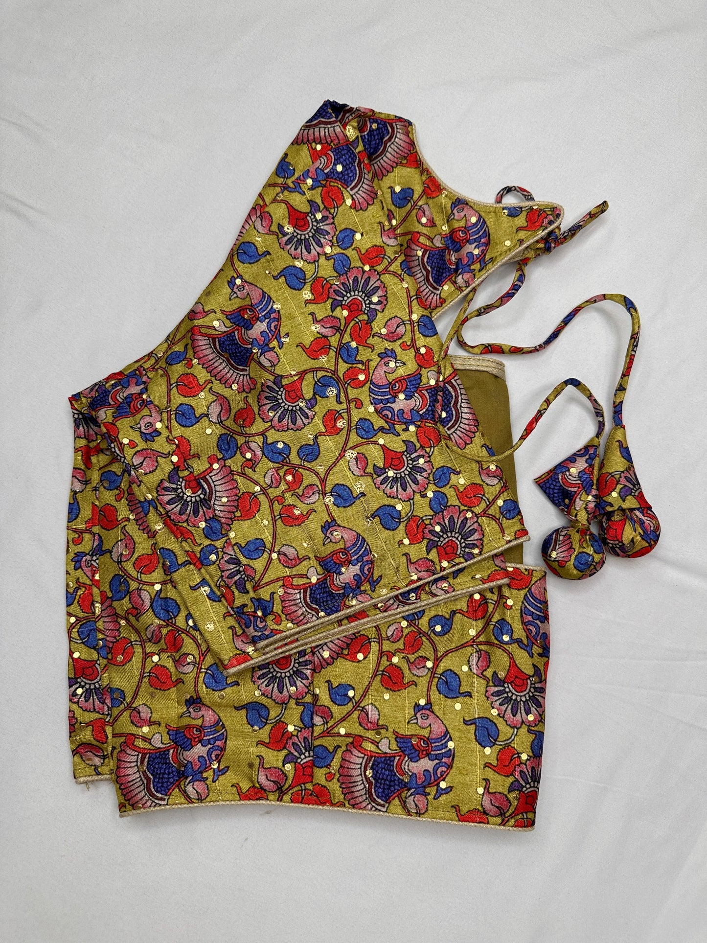 Green Floral Multi Kalmakari Printed Silk Blouse