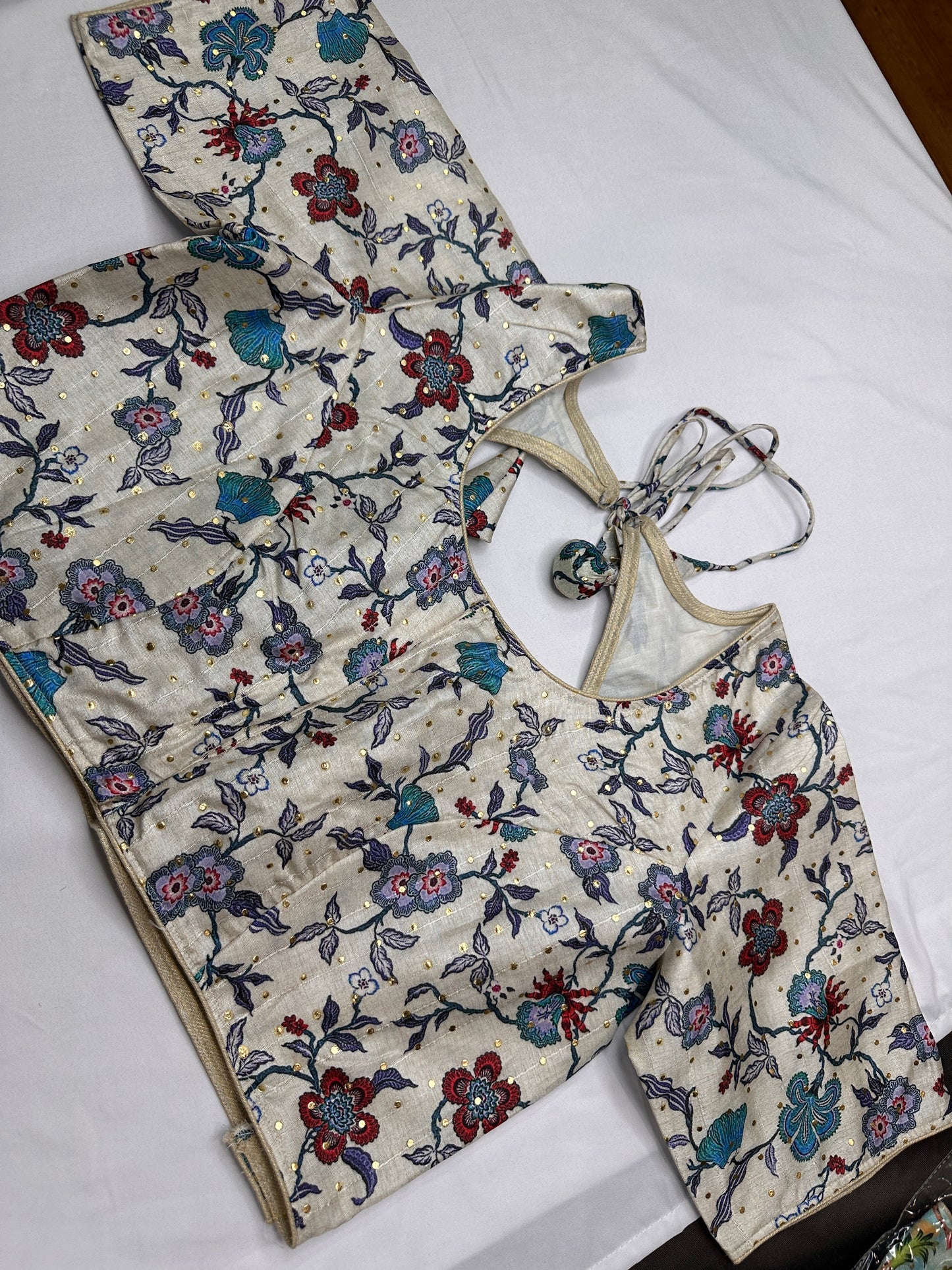 Cream Floral Multi Kalmakari Printed Silk Blouse