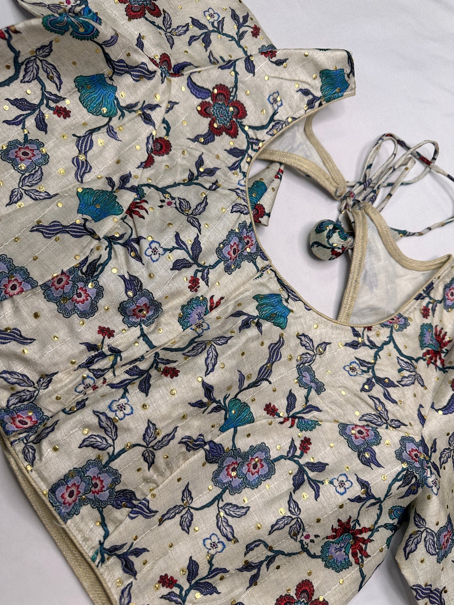 Cream Floral Multi Kalmakari Printed Silk Blouse