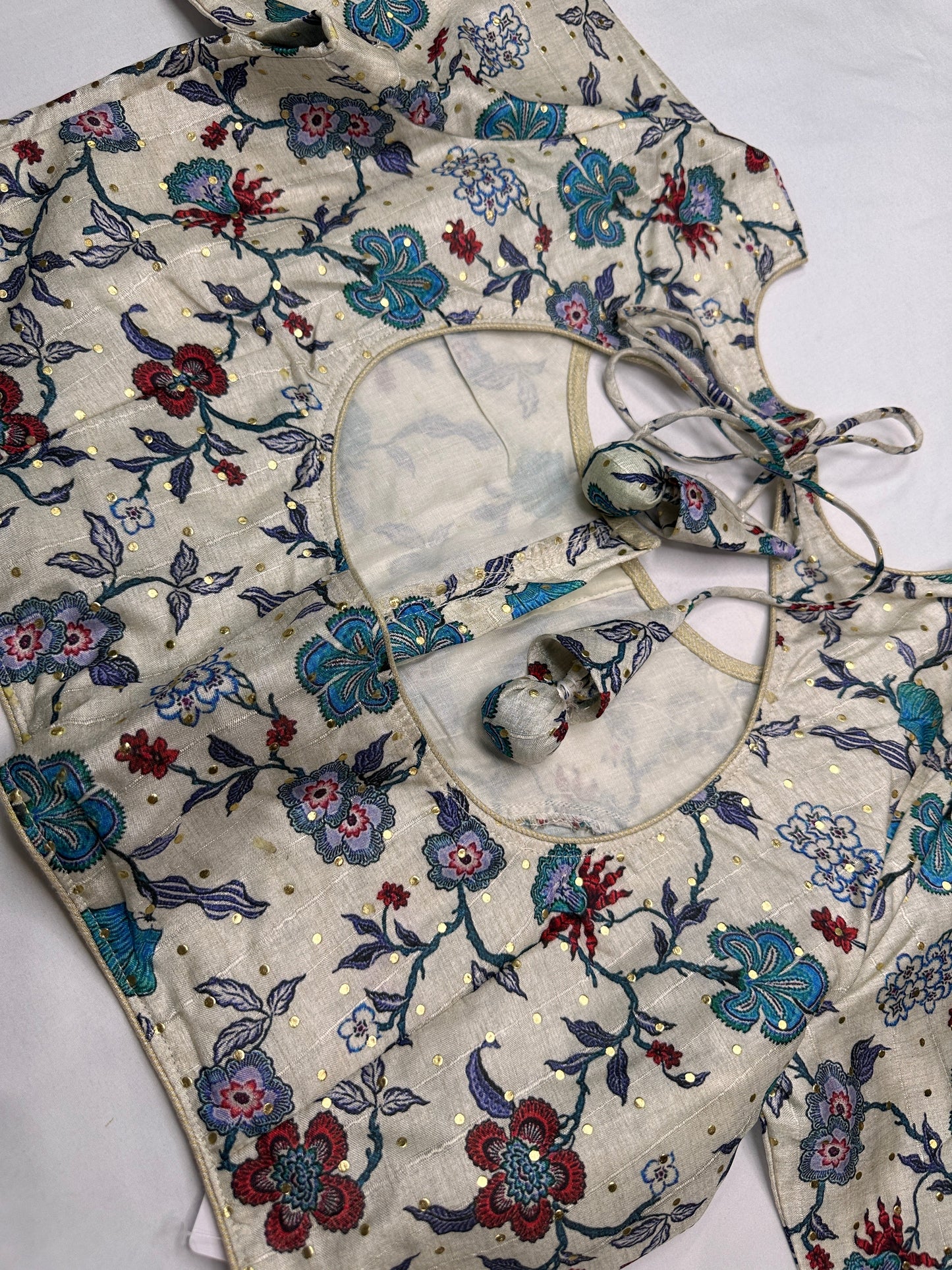 Cream Floral Multi Kalmakari Printed Silk Blouse