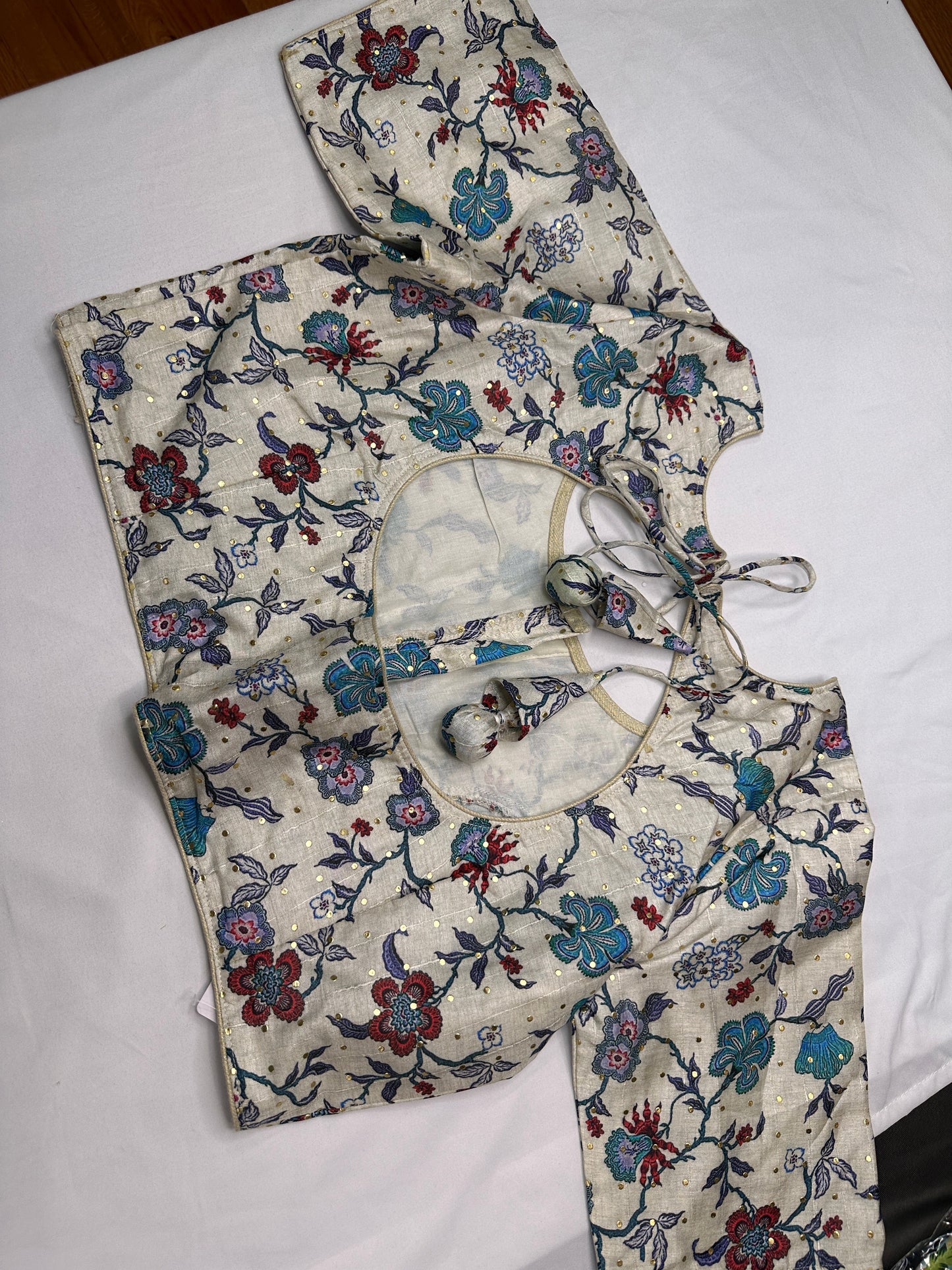 Cream Floral Multi Kalmakari Printed Silk Blouse