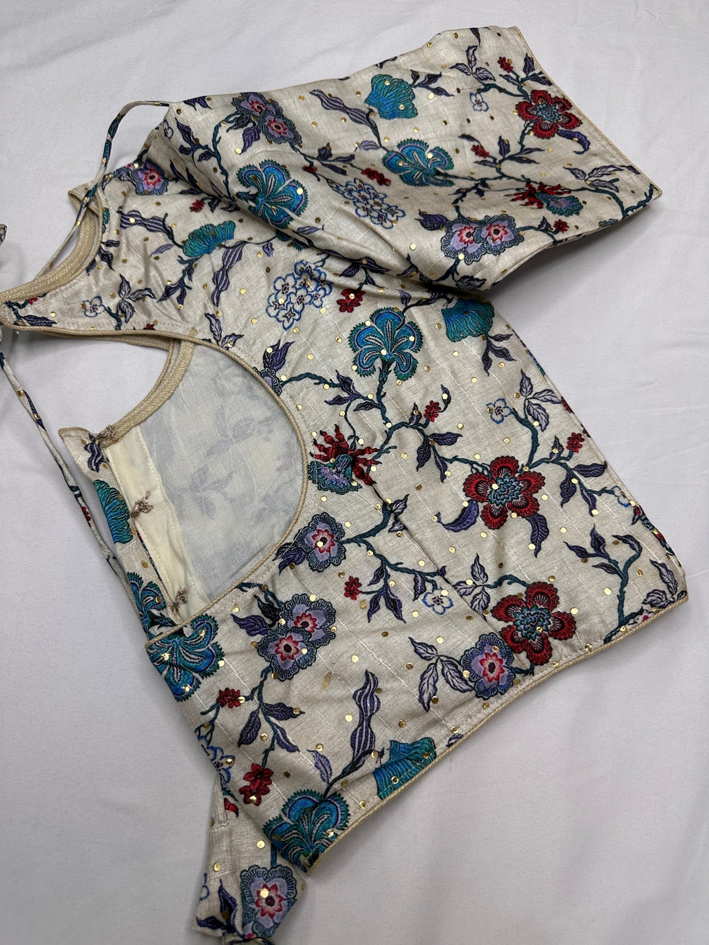 Cream Floral Multi Kalmakari Printed Silk Blouse