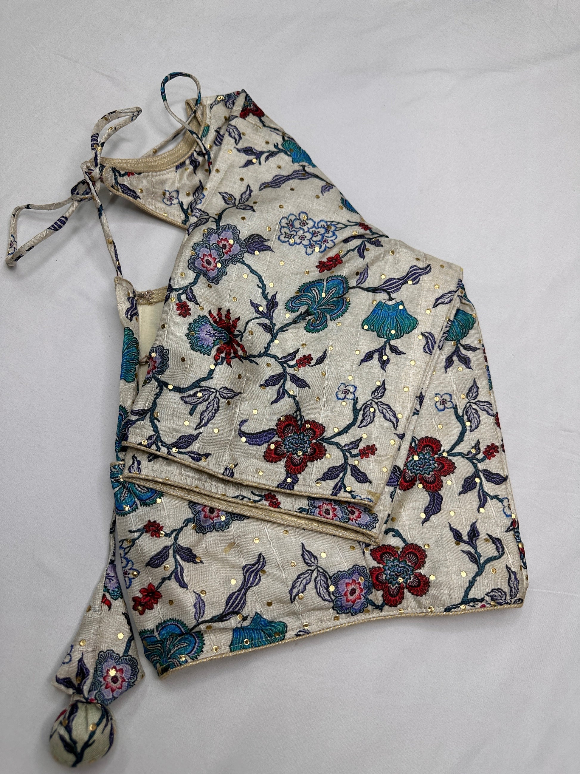 Cream Floral Multi Kalmakari Printed Silk Blouse