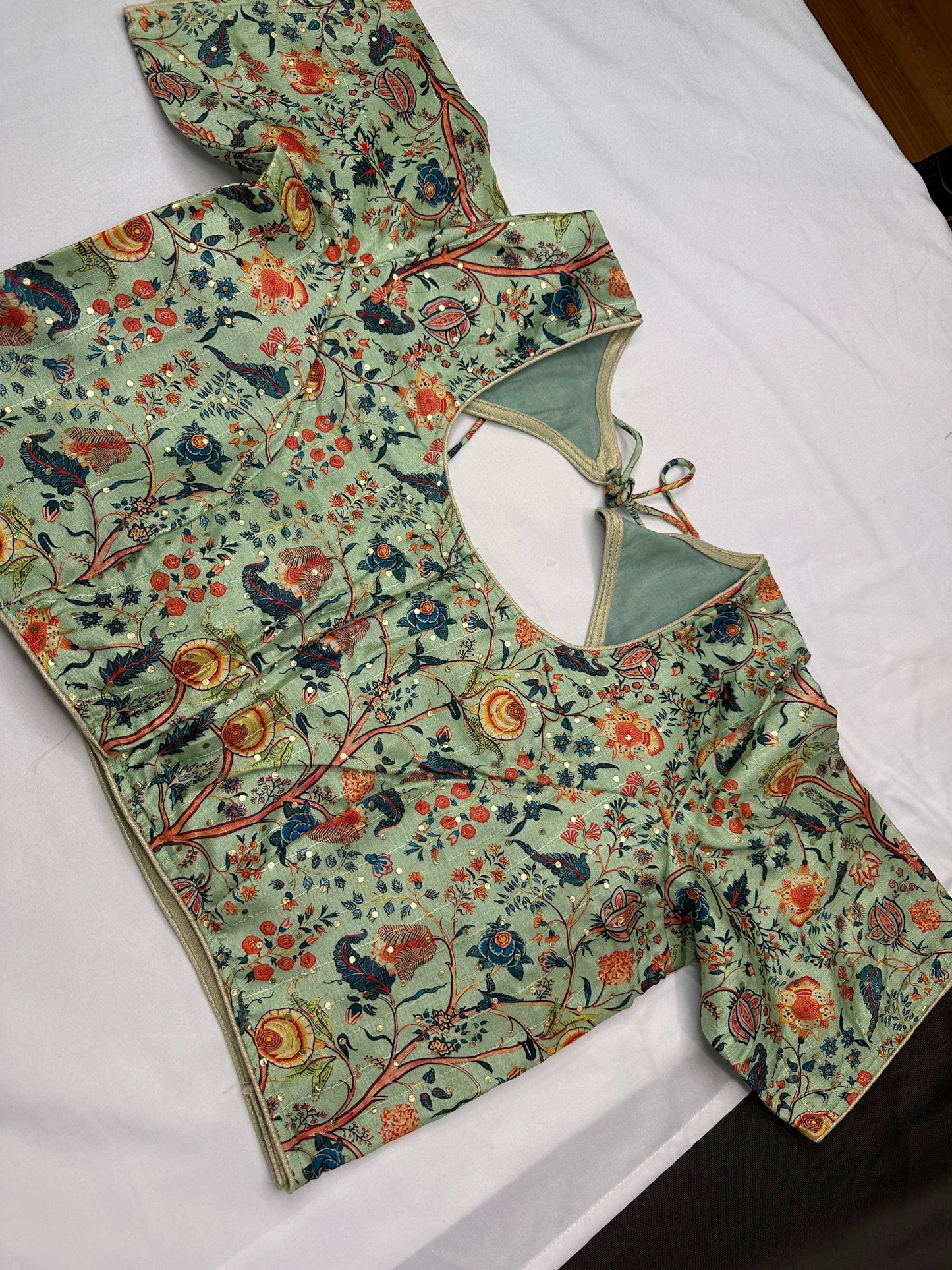 Green Multi Kalmakari Printed Silk Blouse