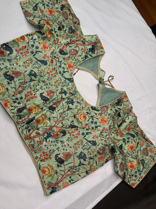Green Multi Kalmakari Printed Silk Blouse