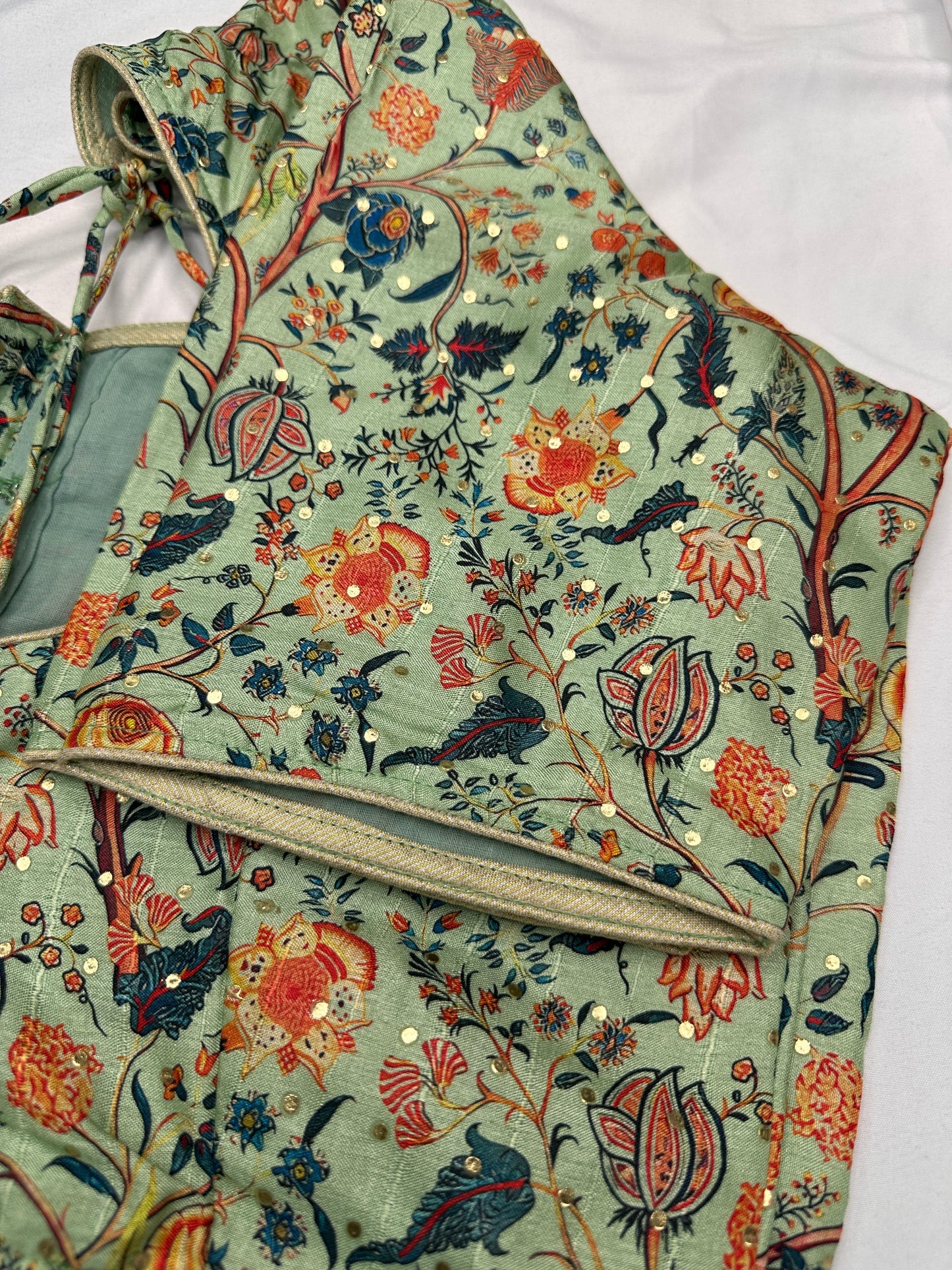 Green Multi Kalmakari Printed Silk Blouse