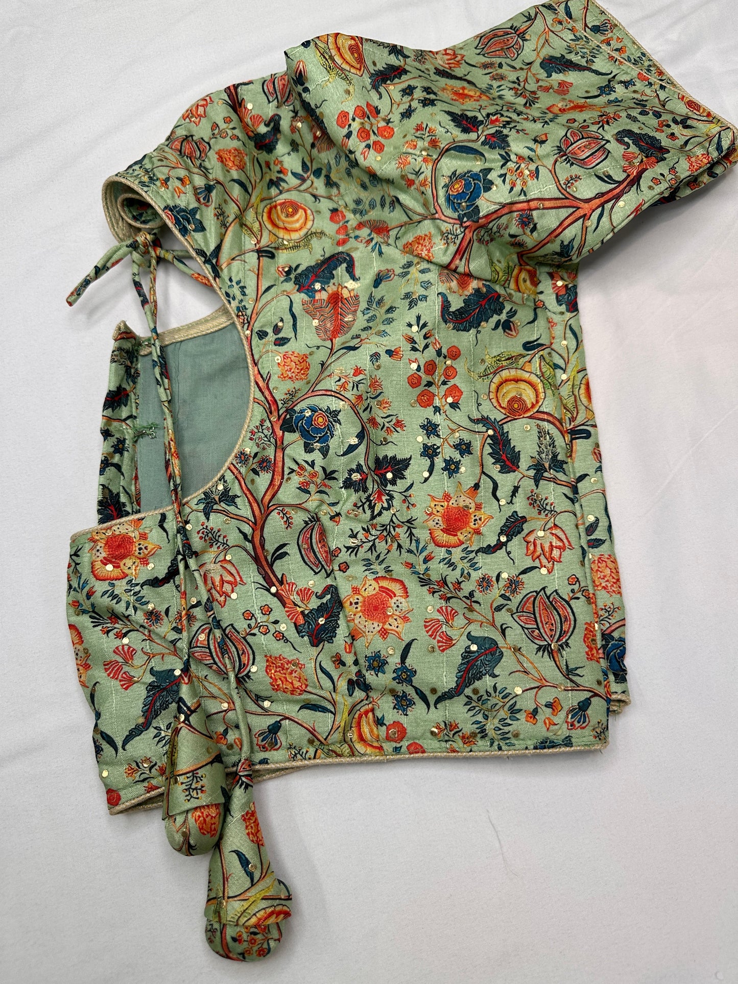 Green Multi Kalmakari Printed Silk Blouse