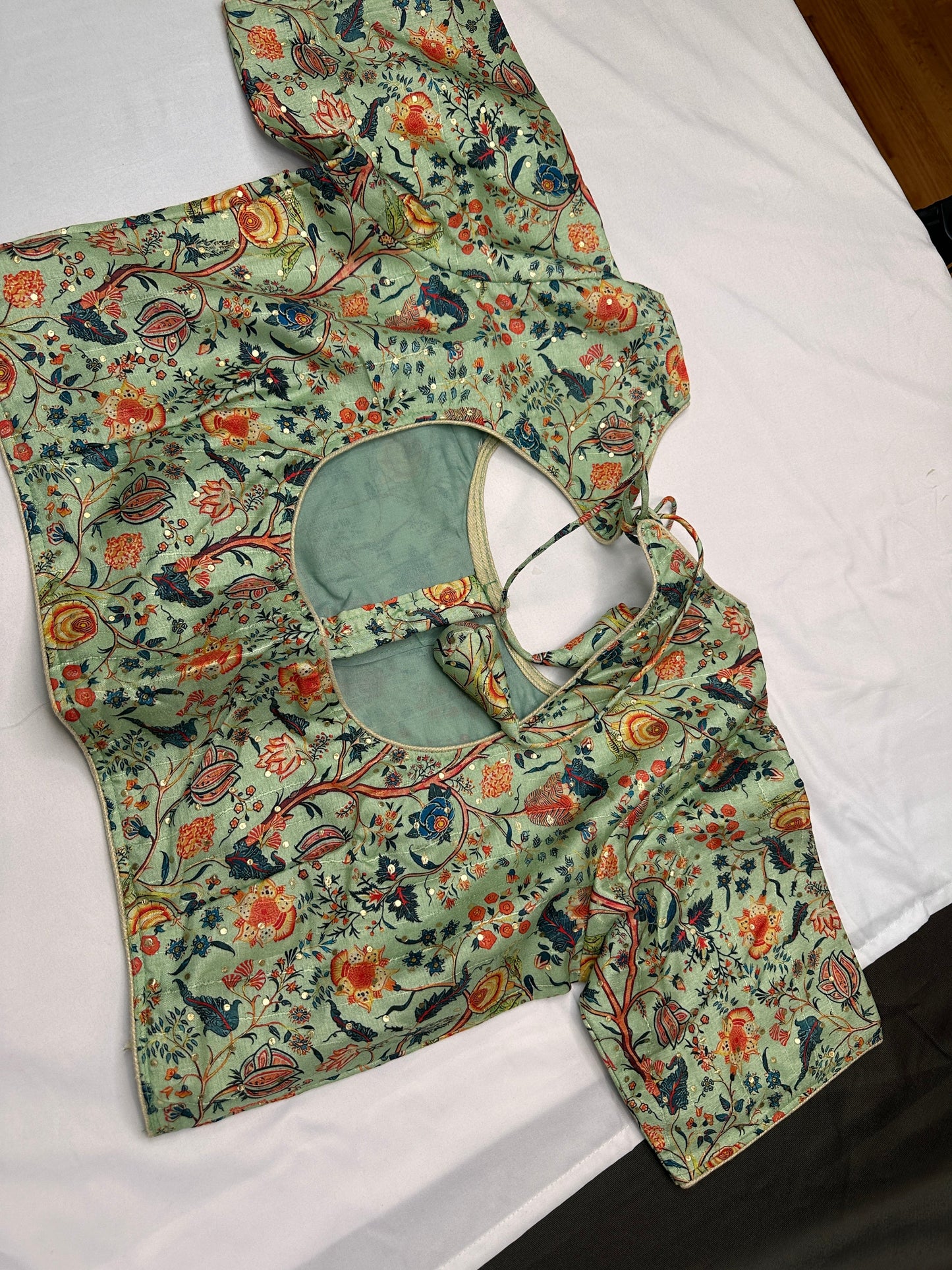 Green Multi Kalmakari Printed Silk Blouse