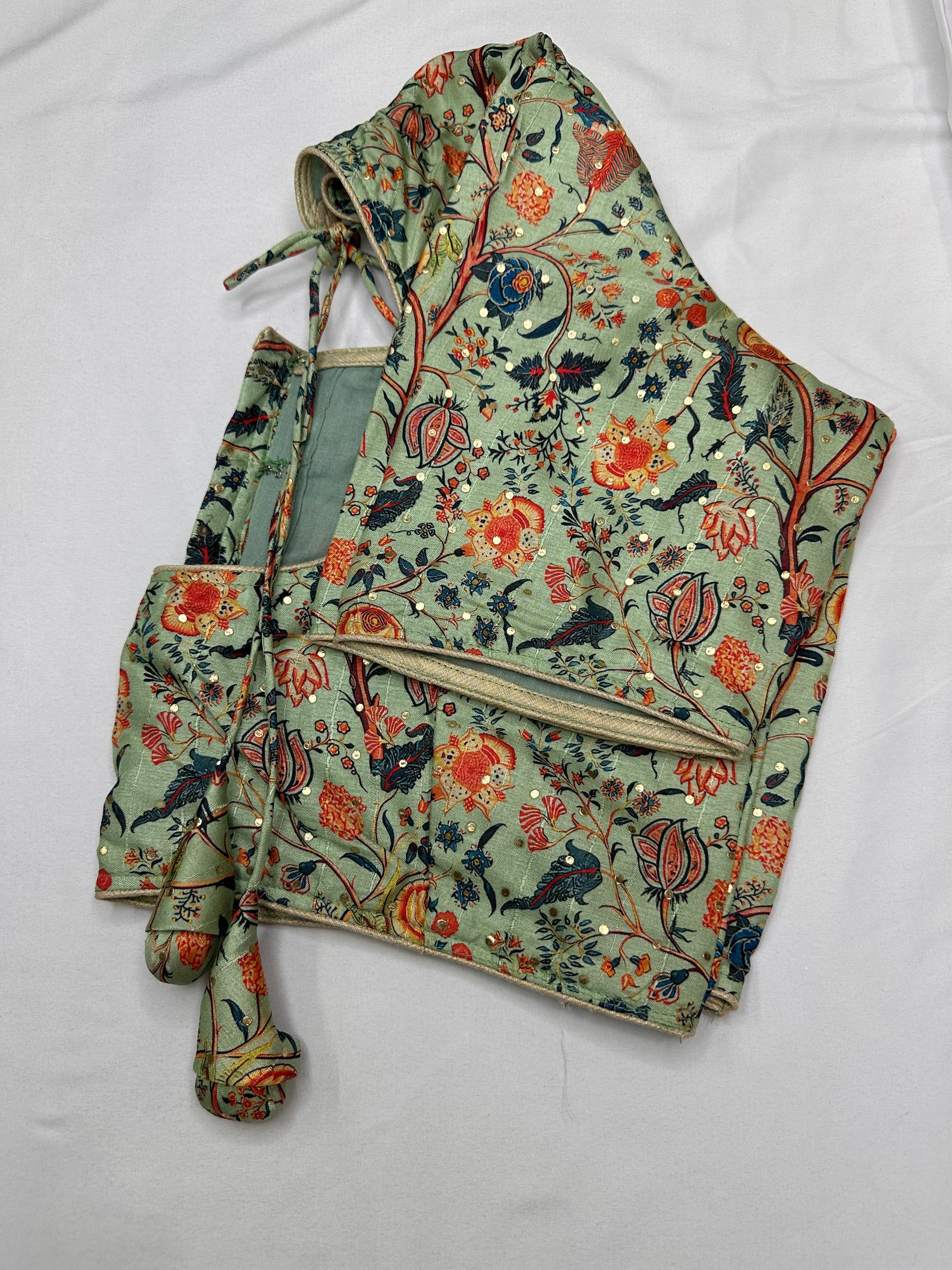Green Multi Kalmakari Printed Silk Blouse