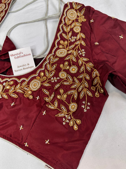 Marron Red Pearl Maggam Aari Work Blouse