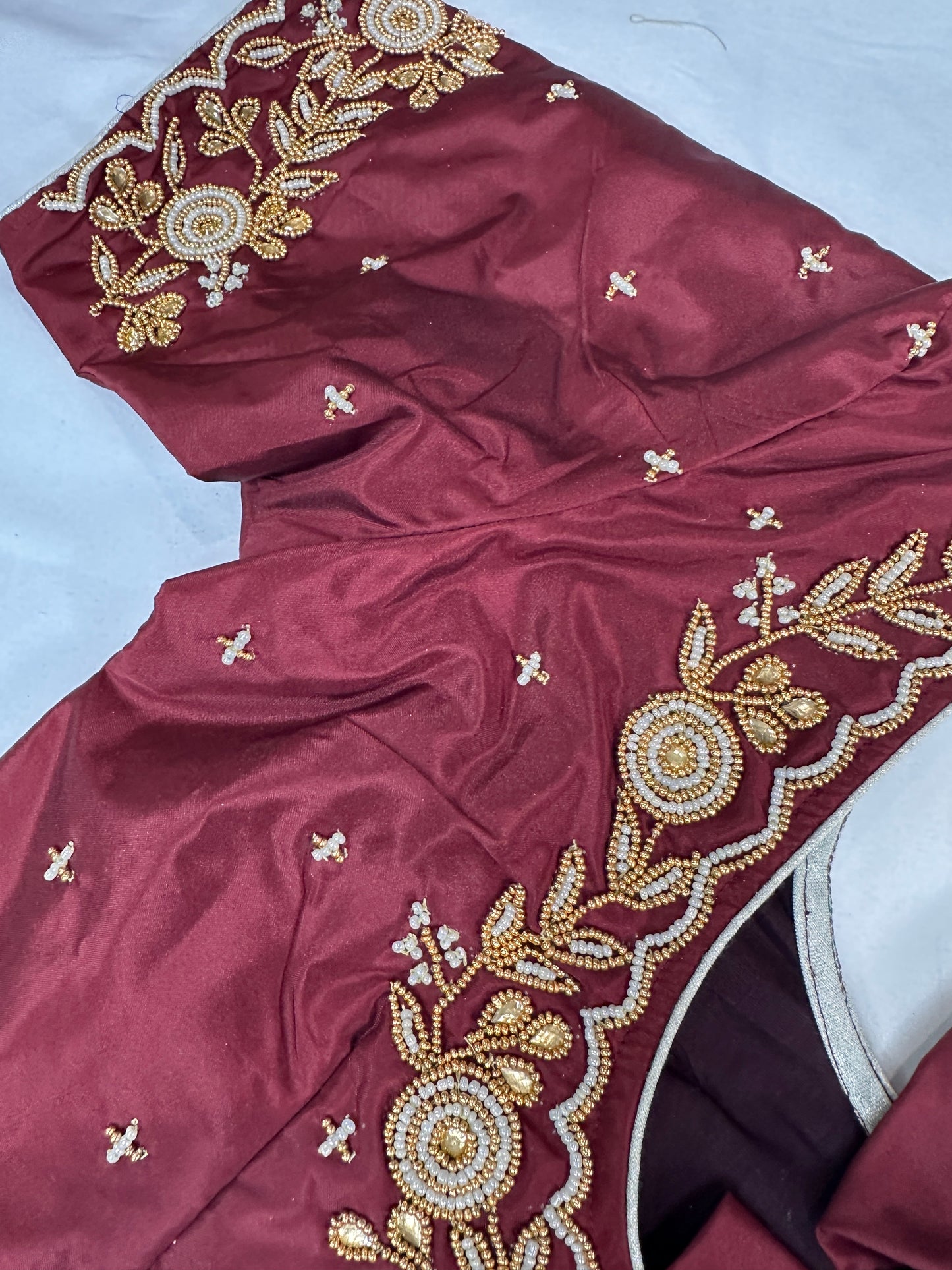 Marron Red Pearl Maggam Aari Work Blouse