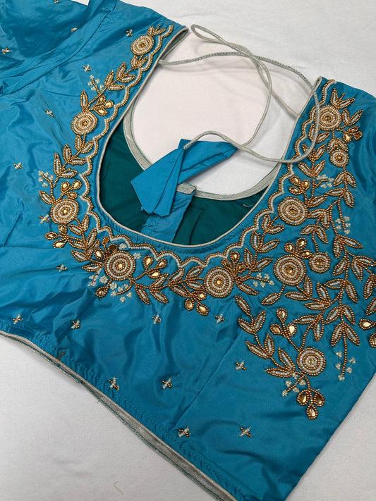 Feroza Blue Pearl Maggam Aari Work Blouse
