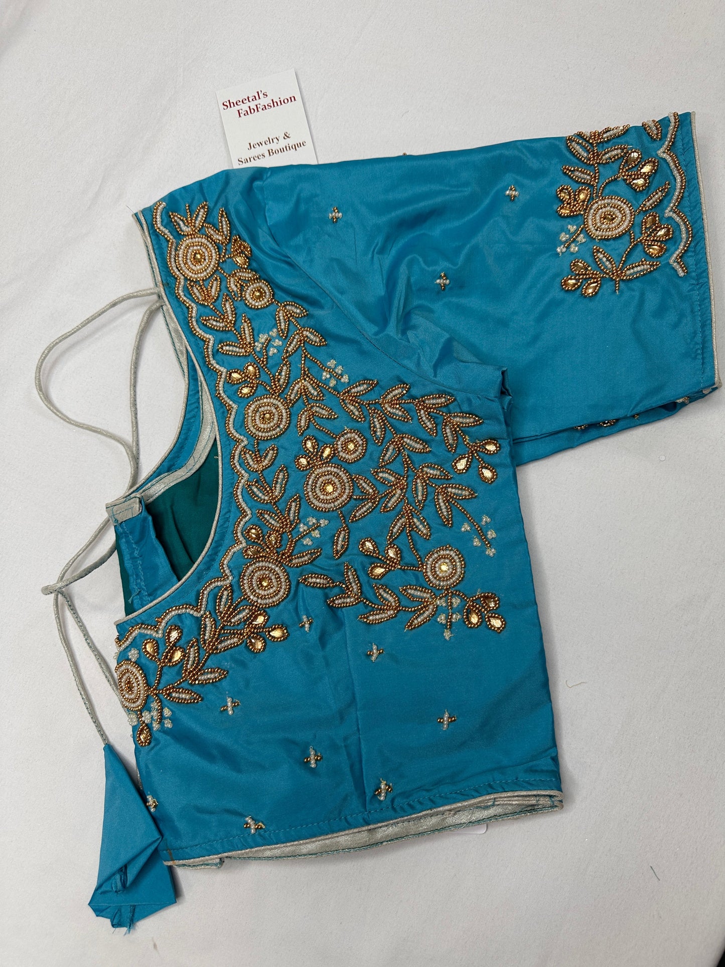 Feroza Blue Pearl Maggam Aari Work Blouse