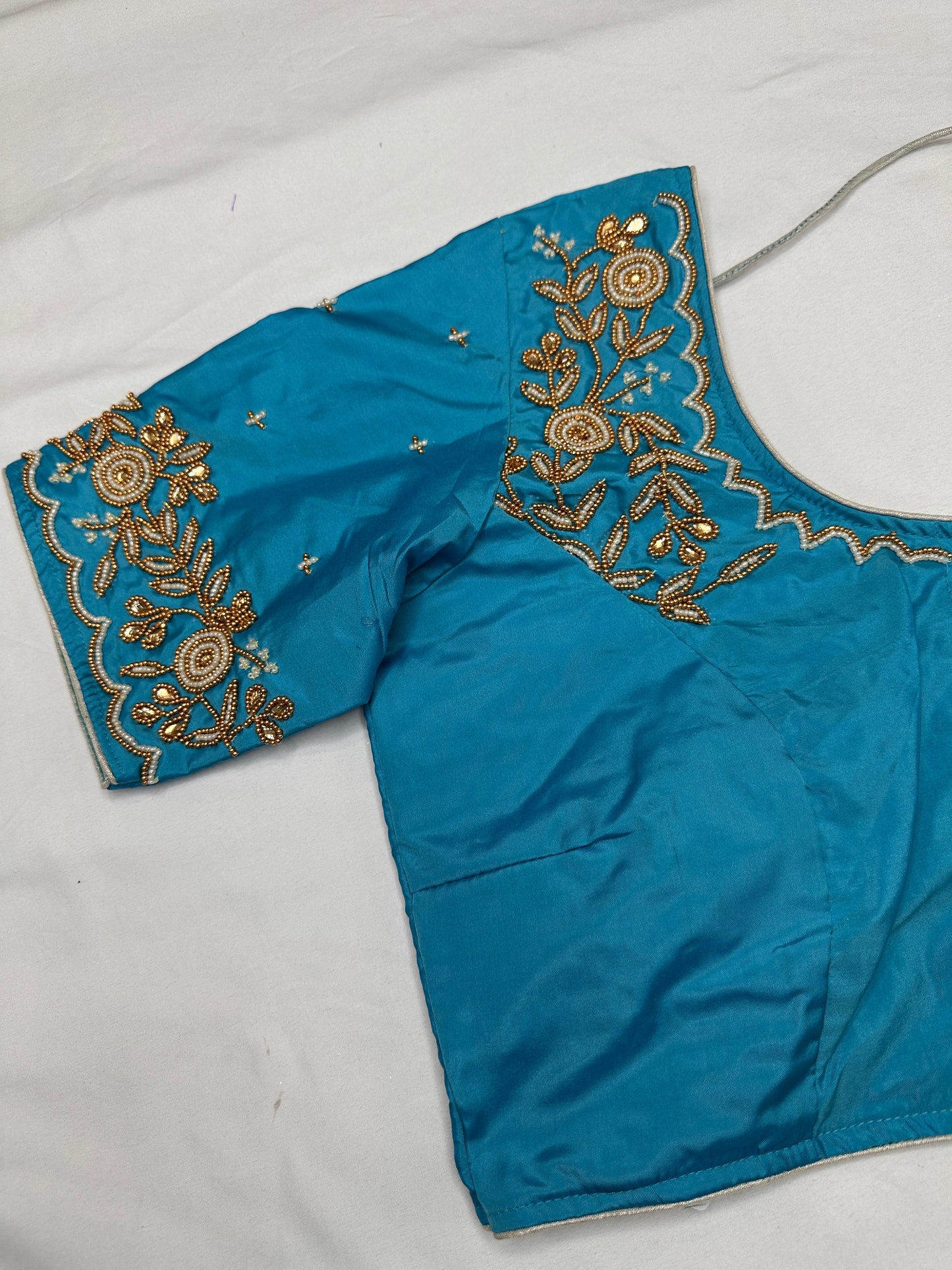 Feroza Blue Pearl Maggam Aari Work Blouse