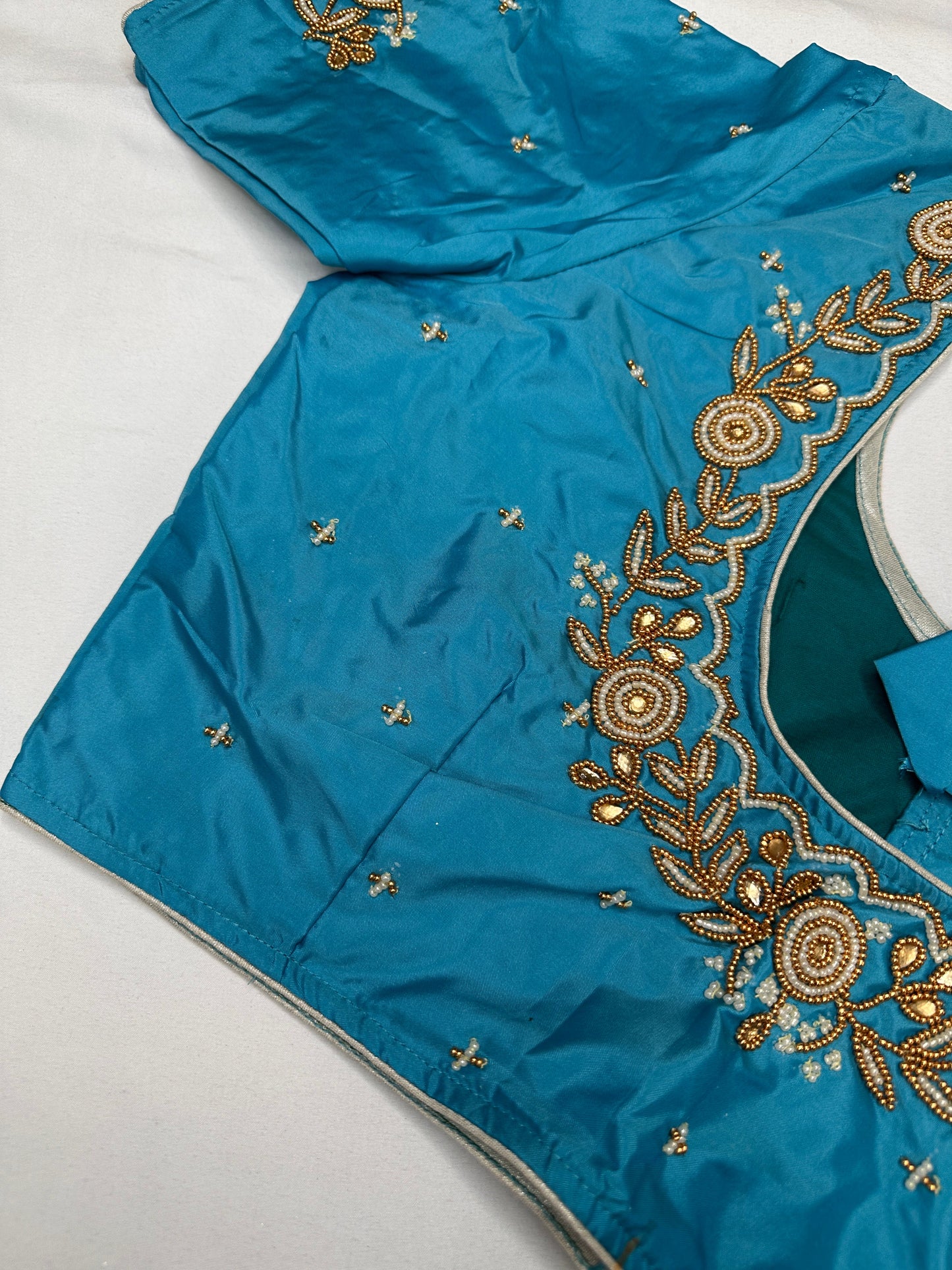 Feroza Blue Pearl Maggam Aari Work Blouse