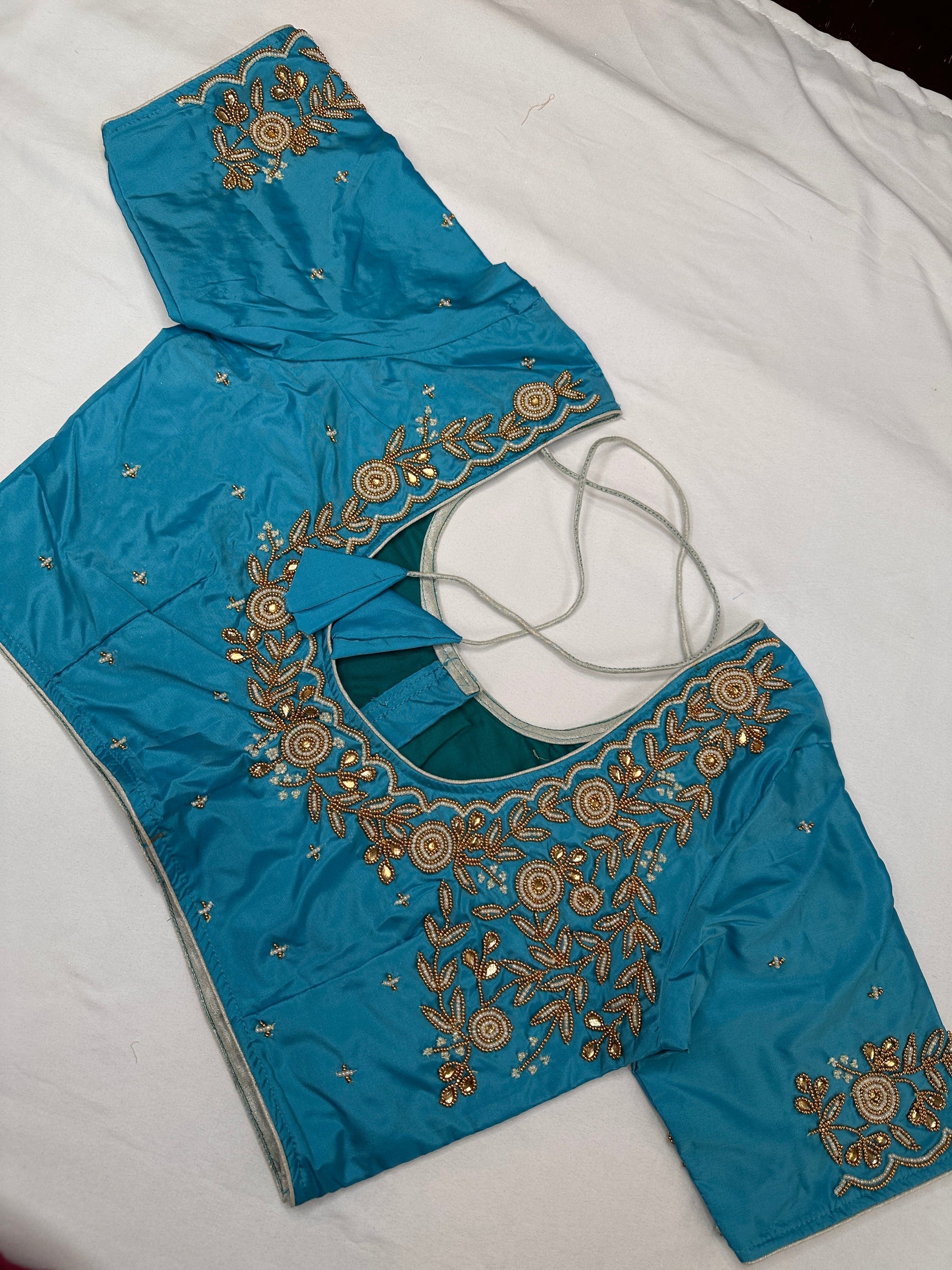 Feroza Blue Pearl Maggam Aari Work Blouse