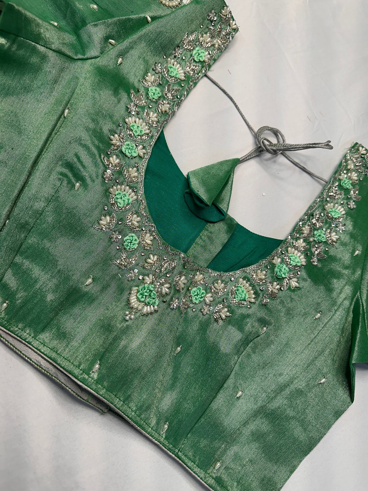 Tissue Silk Green Maggam Pearl Net Blouse