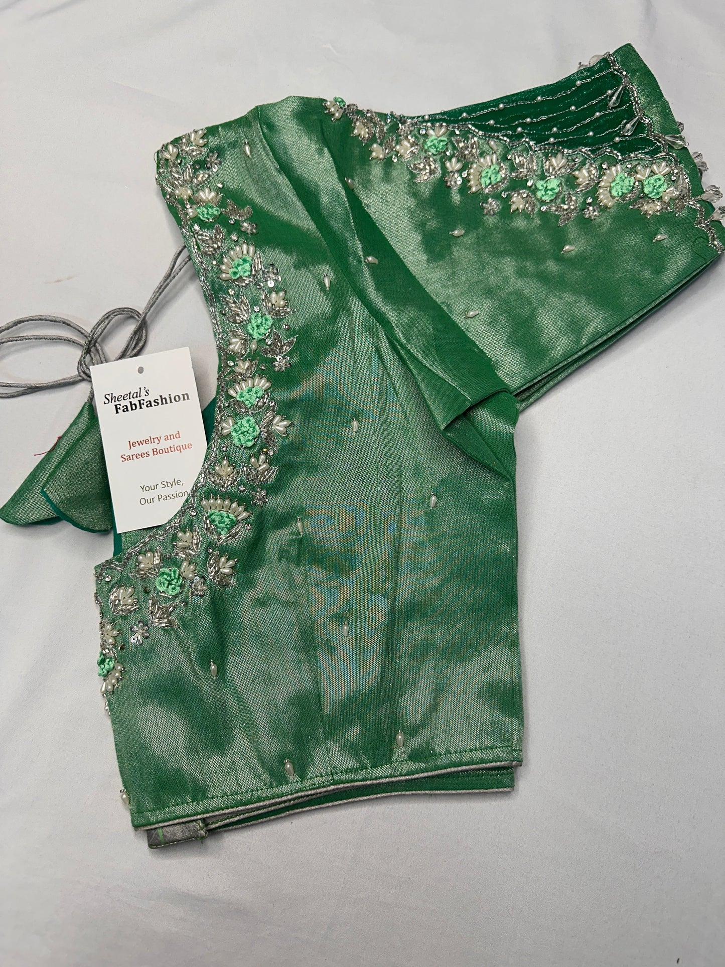 Tissue Silk Green Maggam Pearl Net Blouse