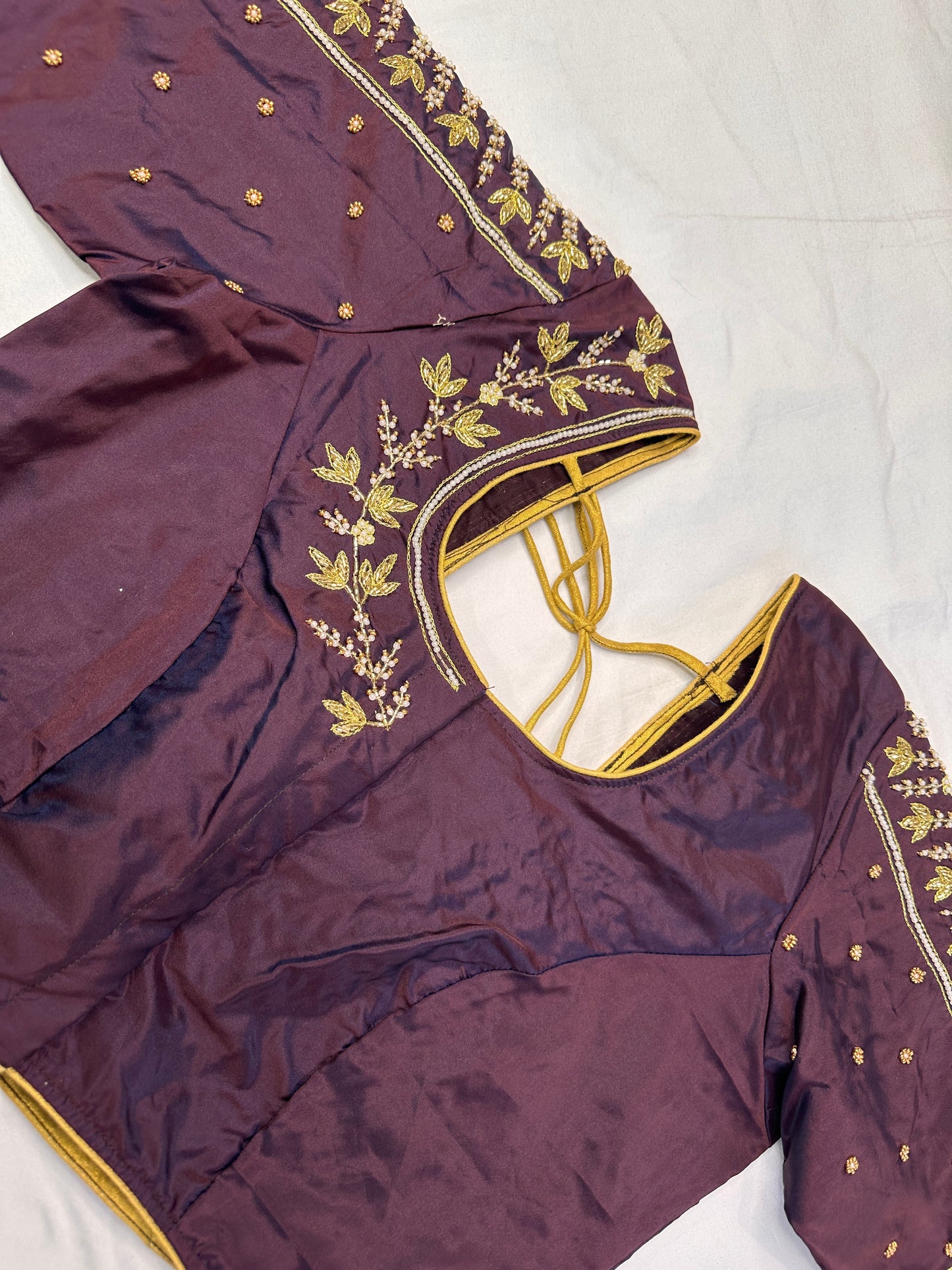 Plum Brown Pearl Kardana Maggam Aari Work Blouse