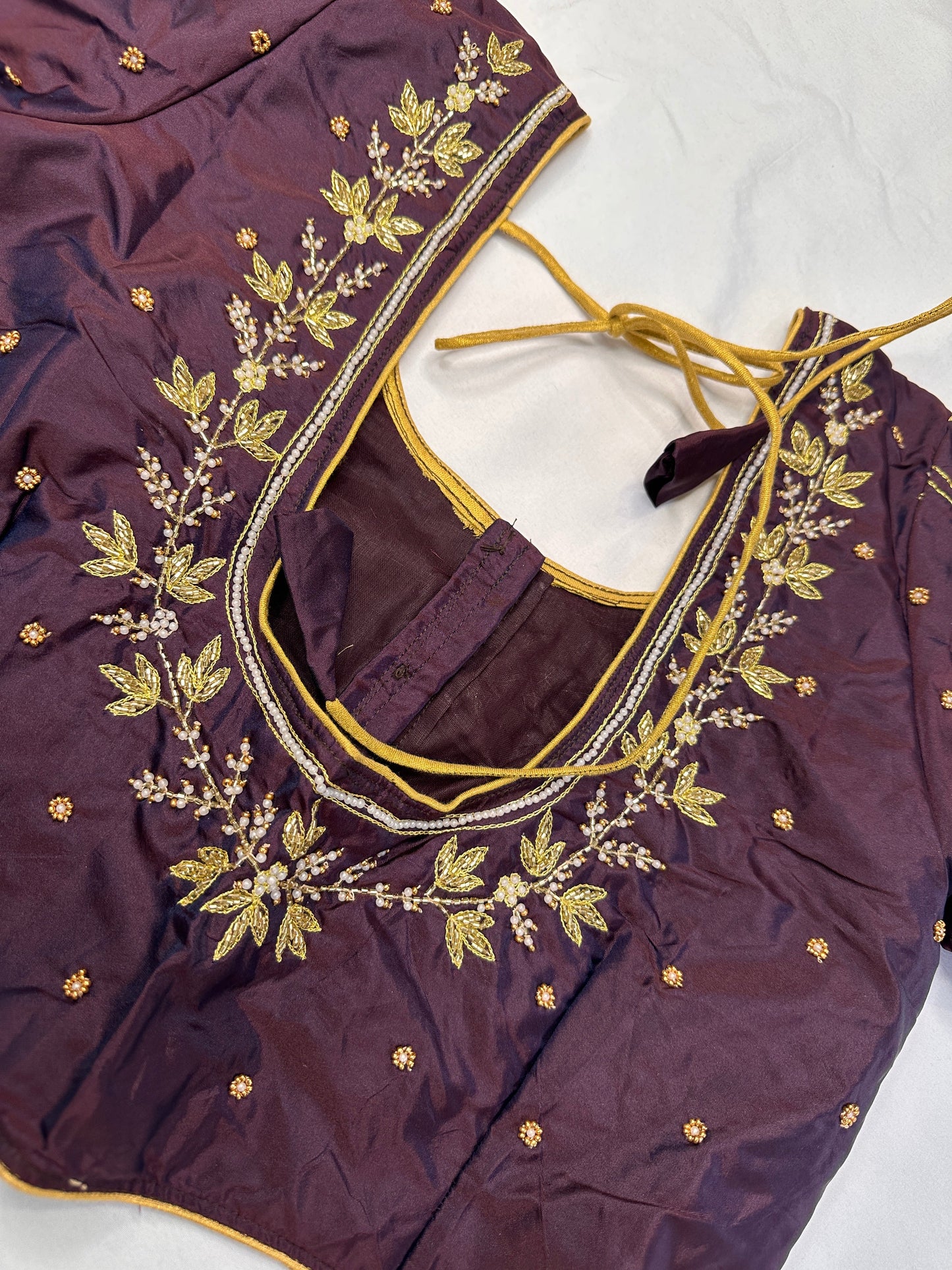 Plum Brown Pearl Kardana Maggam Aari Work Blouse