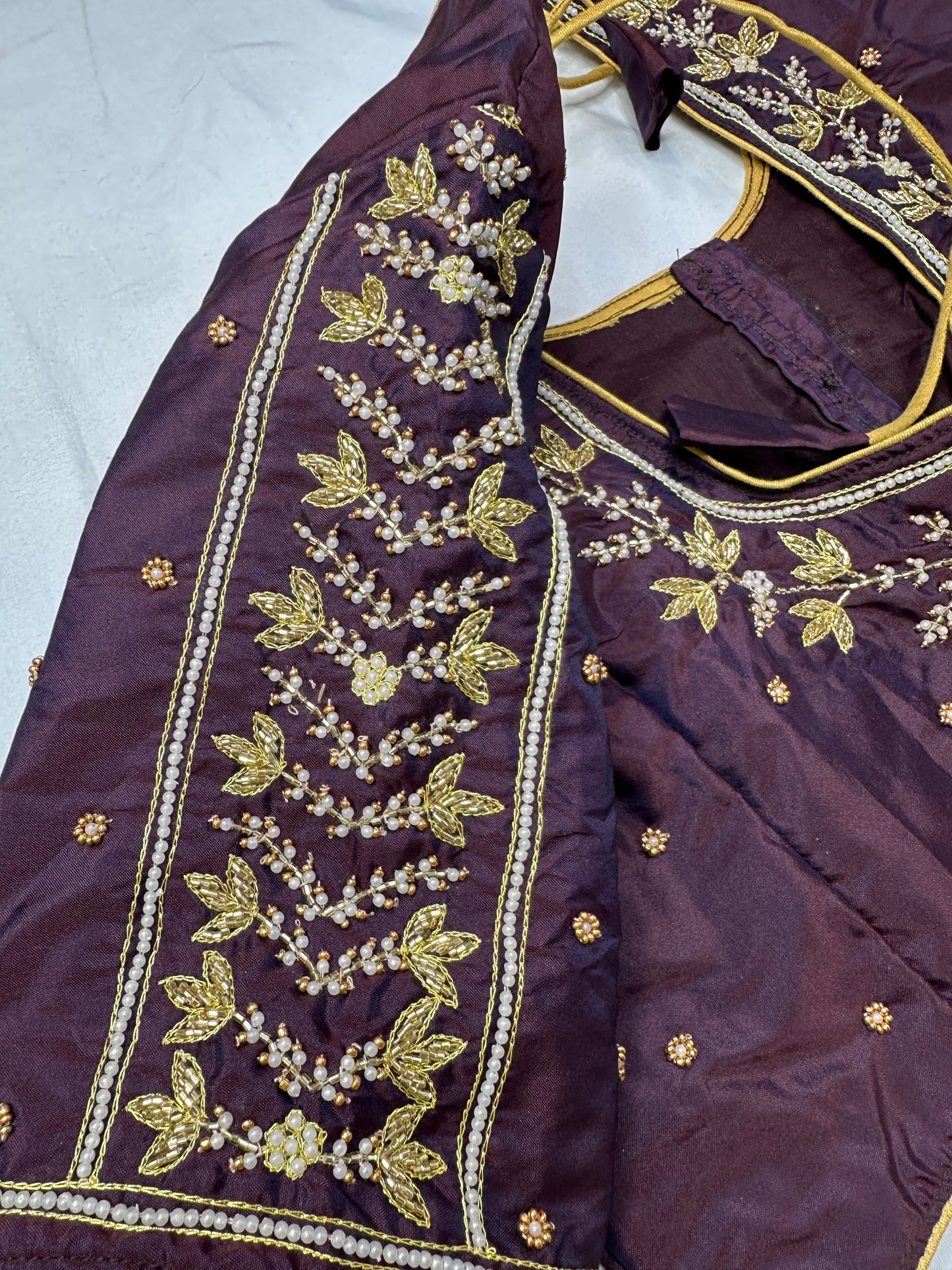 Plum Brown Pearl Kardana Maggam Aari Work Blouse