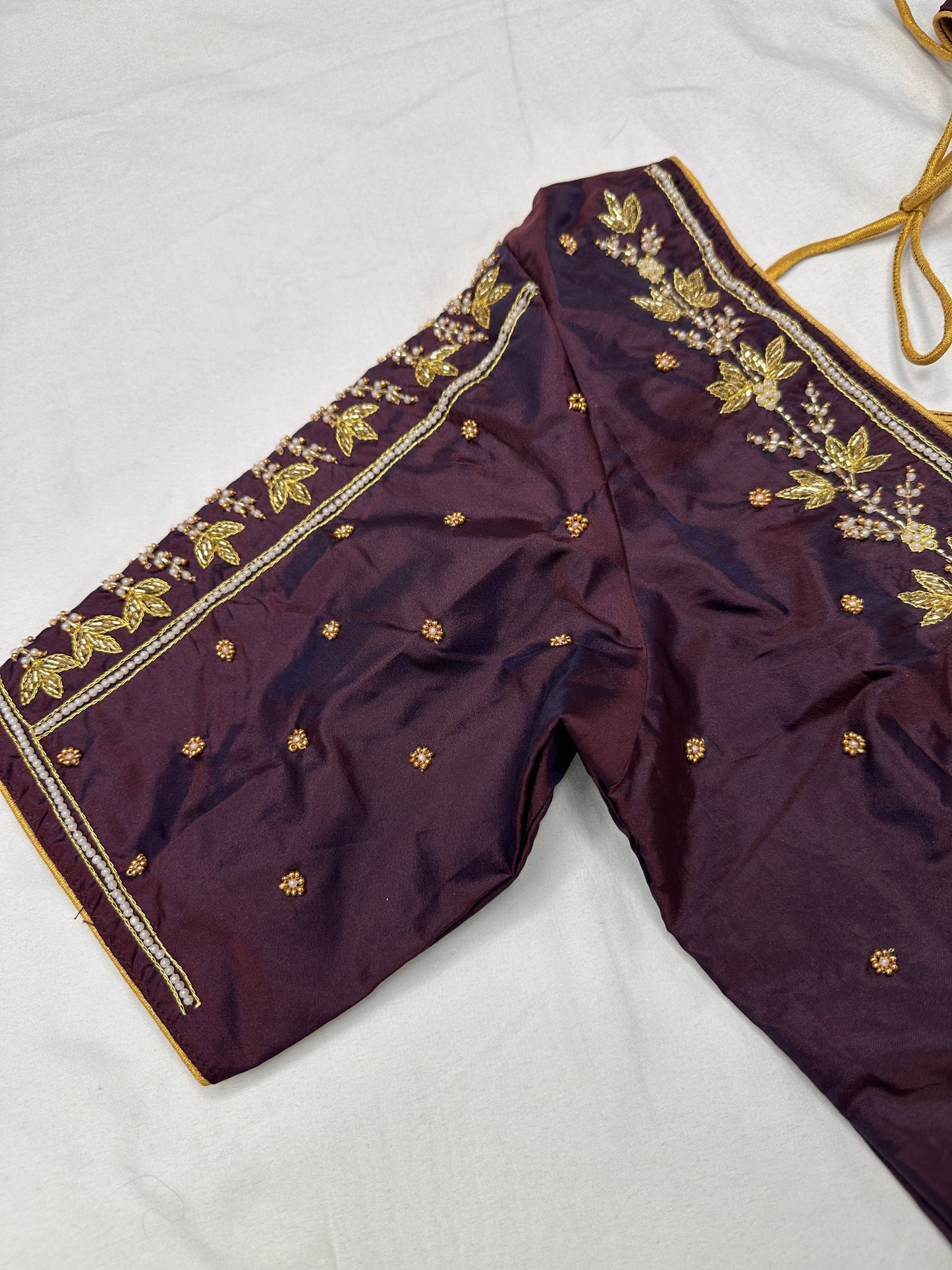 Plum Brown Pearl Kardana Maggam Aari Work Blouse