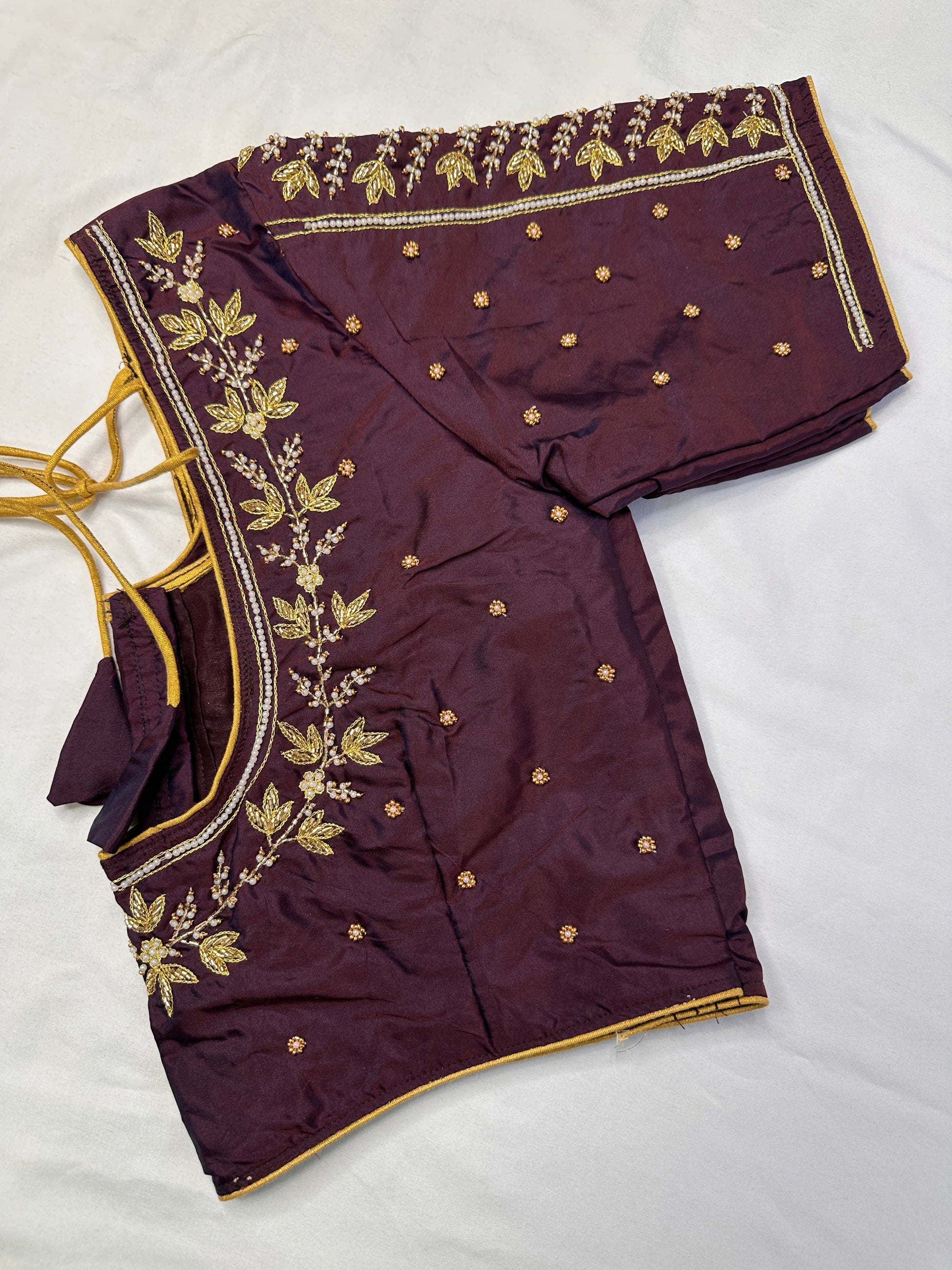 Plum Brown Pearl Kardana Maggam Aari Work Blouse