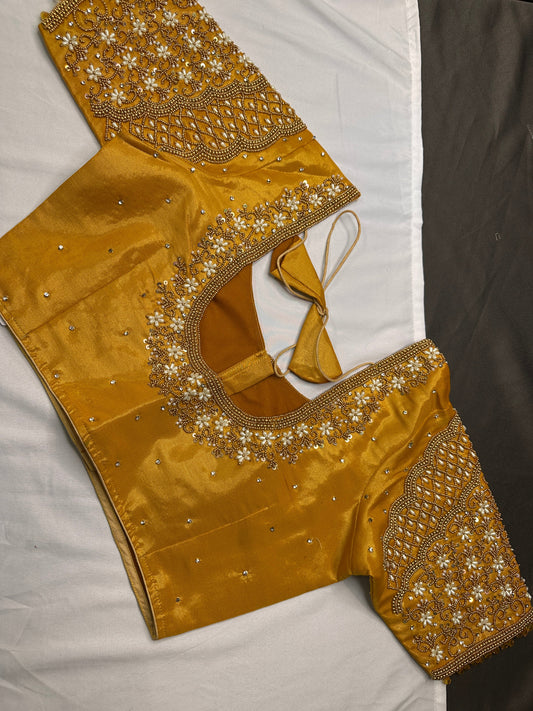 Tissue Silk Gold Maggam Pearl Work Blouse