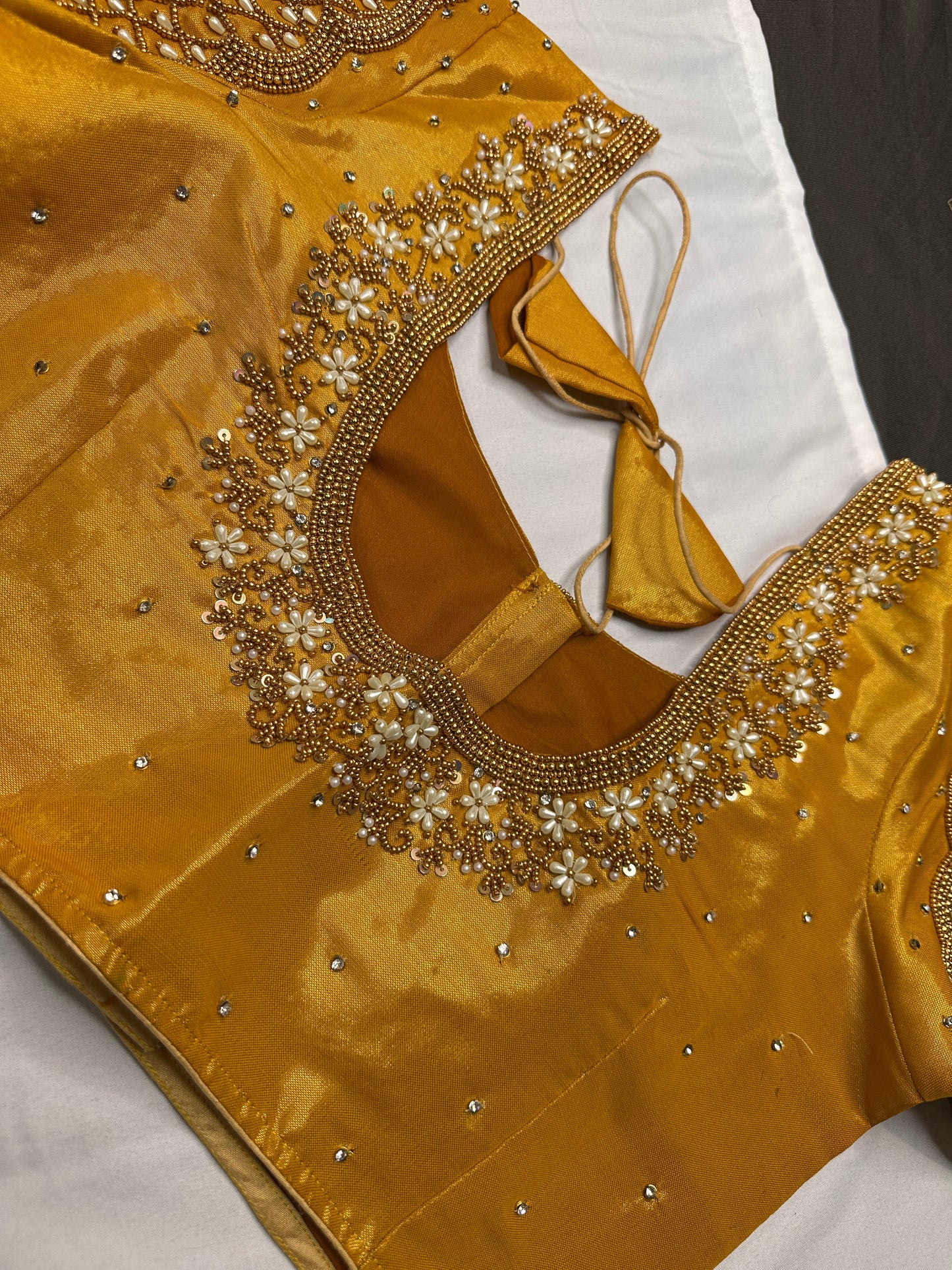 Tissue Silk Gold Maggam Pearl Work Blouse